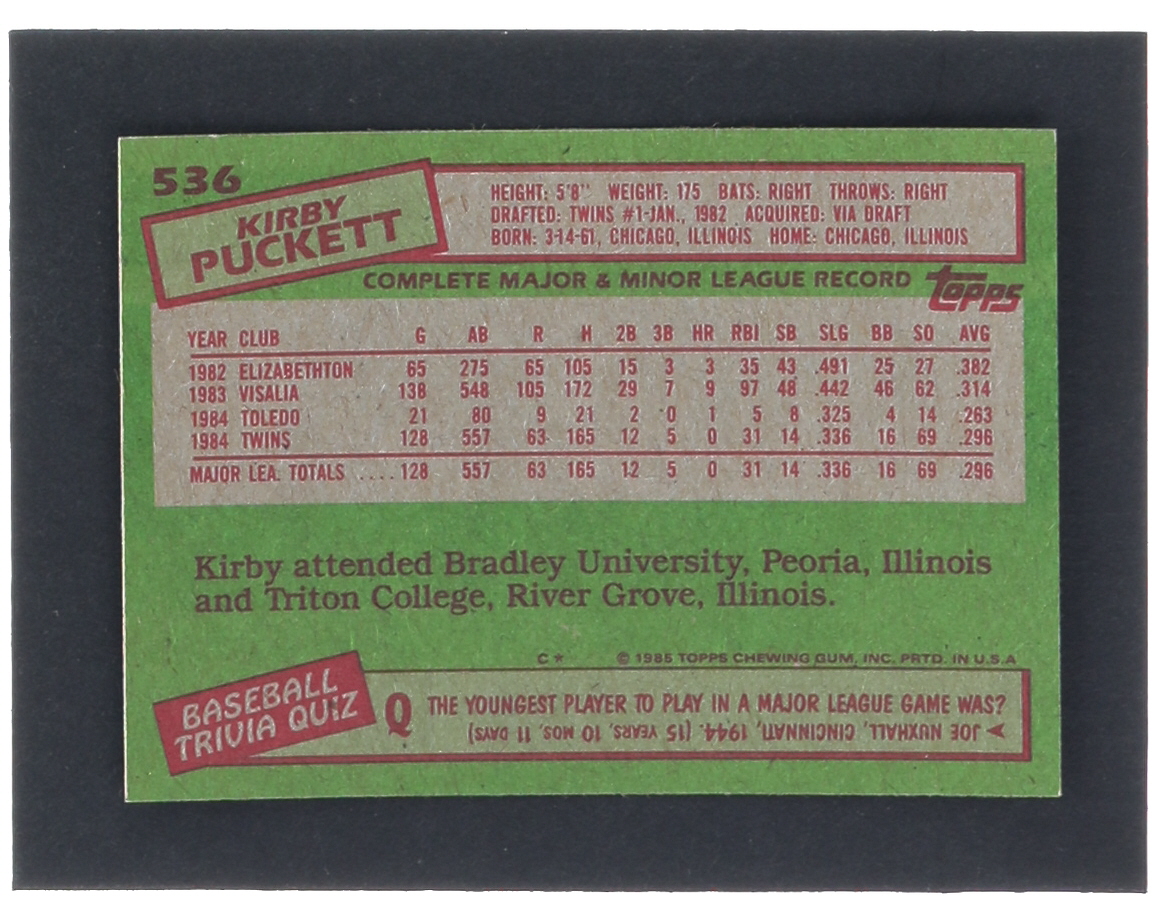 Kirby Puckett 1985 Topps #536 RC at PristineAuction.com Kirby Puckett 1985 Topps #536 RC at PristineAuction.com