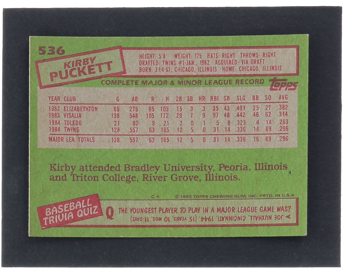 Kirby Puckett 1985 Topps #536 RC at PristineAuction.com Kirby Puckett 1985 Topps #536 RC at PristineAuction.com