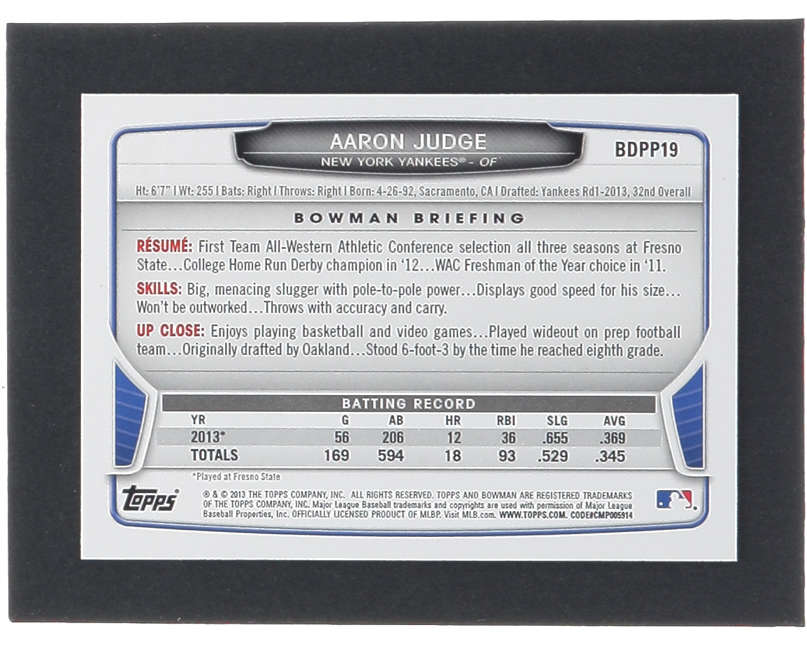 Aaron Judge 2013 Bowman Draft Draft Picks #BDPP19 RC at PristineAuction.com Aaron Judge 2013 Bowman Draft Draft Picks #BDPP19 RC at PristineAuction.com