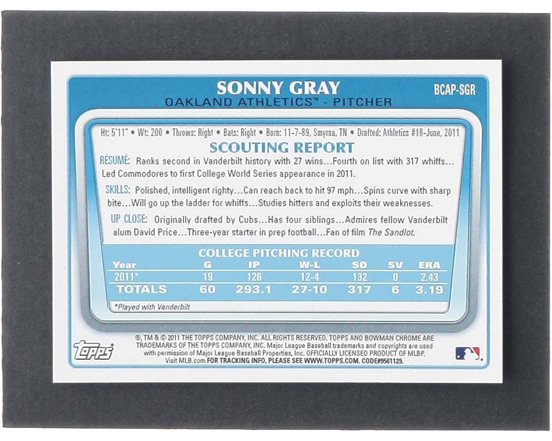 Sonny Gray 2011 Bowman Chrome Draft Prospect Autographs #SGR RC at PristineAuction.com Sonny Gray 2011 Bowman Chrome Draft Prospect Autographs #SGR RC at PristineAuction.com