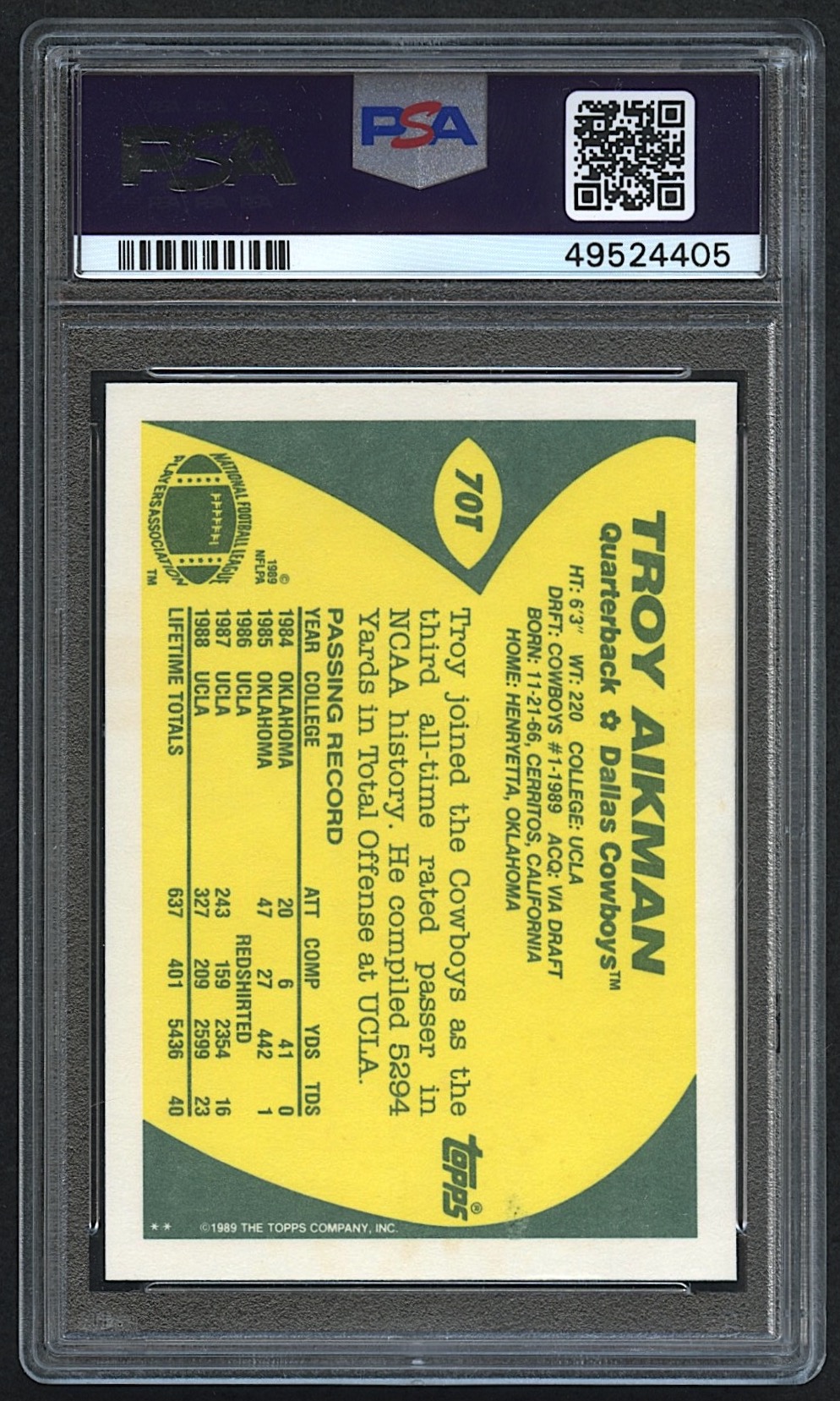 Troy Aikman 1989 Topps Traded #70T RC (PSA 10) at PristineAuction.com Troy Aikman 1989 Topps Traded #70T RC (PSA 10) at PristineAuction.com