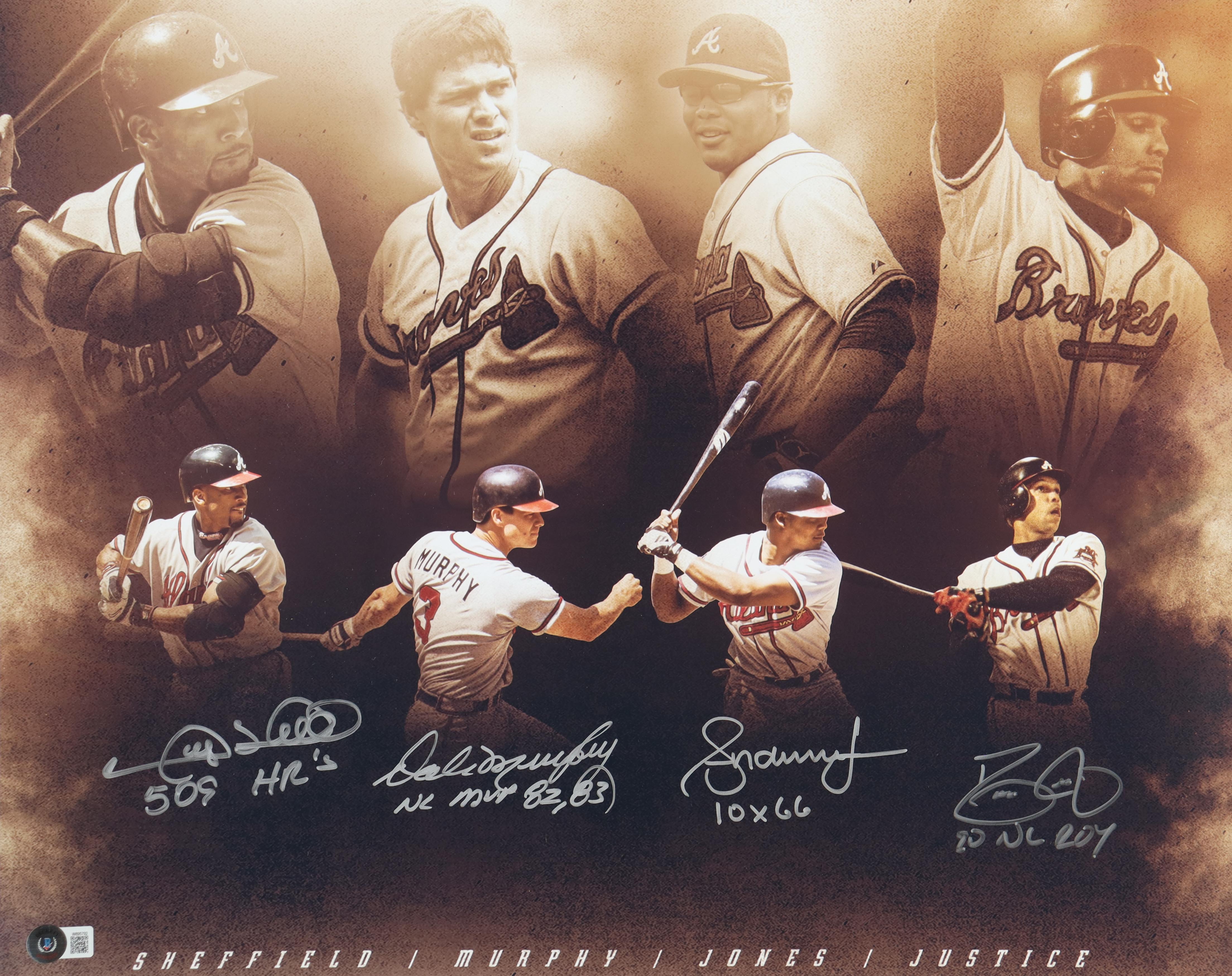Braves 16x20 Photo Signed by (4) with Gary Sheffield, Dale Murphy, Andruw Jones, Dave Justice with (4) Career Stat Inscriptions (Beckett) at PristineAuction.com Braves 16x20 Photo Signed by (4) with Gary Sheffield, Dale Murphy, Andruw Jones, Dave Justice with (4) Career Stat Inscriptions (Beckett) at PristineAuction.com
