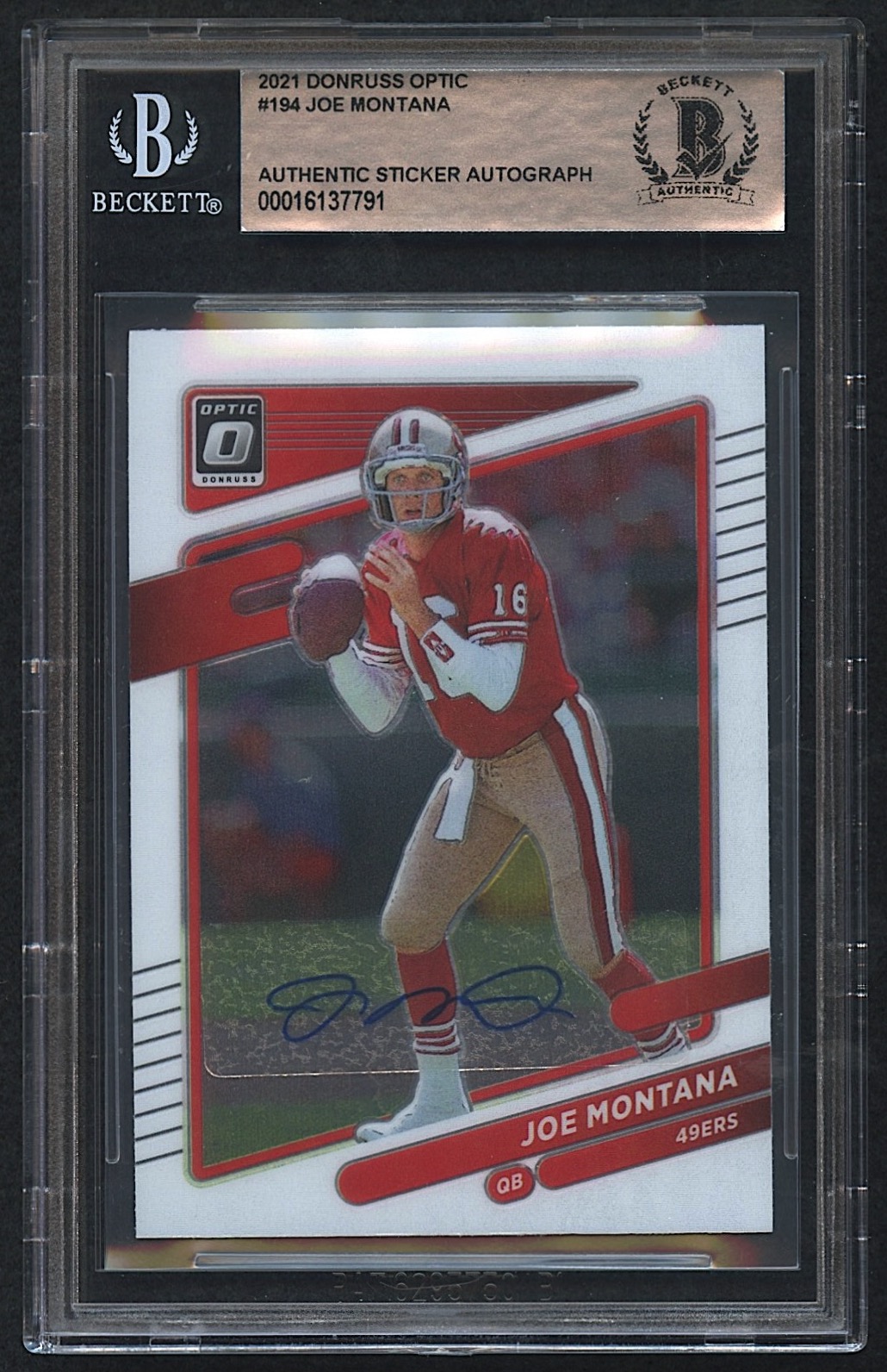 Joe Montana Signed Sticker on 2021 Donruss Optic #194 (Beckett Encapsulated) at PristineAuction.com Joe Montana Signed Sticker on 2021 Donruss Optic #194 (Beckett Encapsulated) at PristineAuction.com