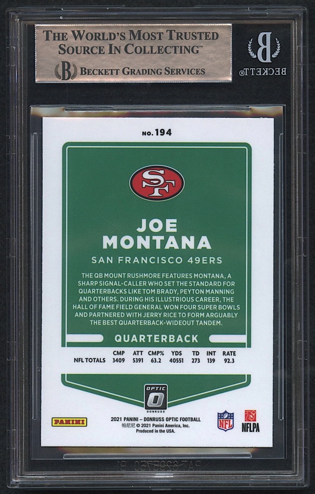 Joe Montana Signed Sticker on 2021 Donruss Optic #194 (Beckett Encapsulated) at PristineAuction.com Joe Montana Signed Sticker on 2021 Donruss Optic #194 (Beckett Encapsulated) at PristineAuction.com