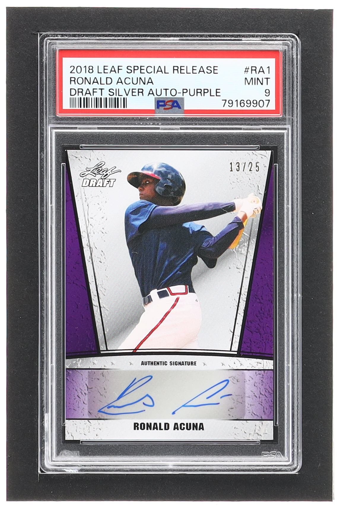 Ronald Acuna 2018 Leaf Special Release Draft Silver Autograph Purple #DSARA1 RC #13/25 (PSA 9) at PristineAuction.com Ronald Acuna 2018 Leaf Special Release Draft Silver Autograph Purple #DSARA1 RC #13/25 (PSA 9) at PristineAuction.com