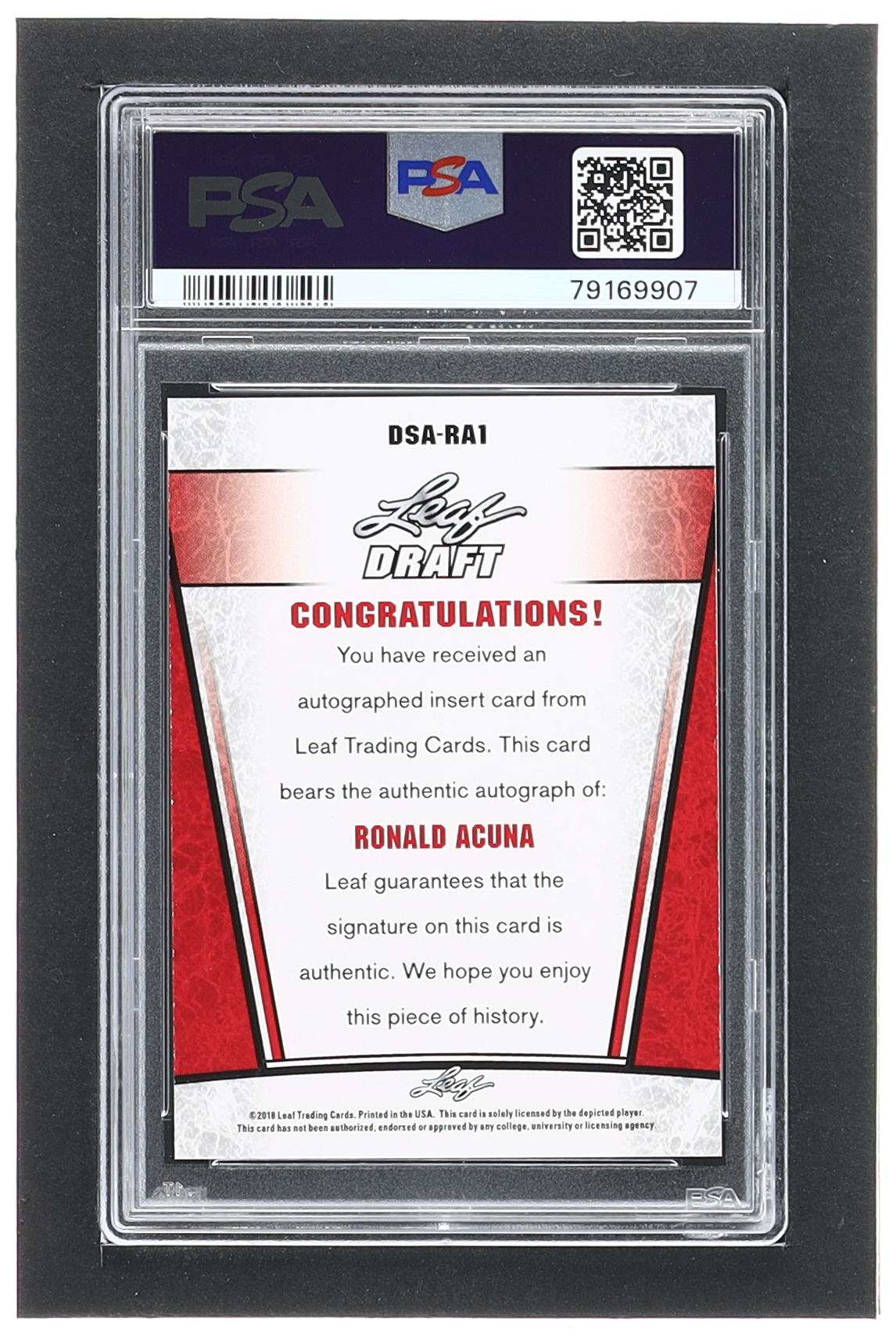 Ronald Acuna 2018 Leaf Special Release Draft Silver Autograph Purple #DSARA1 RC #13/25 (PSA 9) at PristineAuction.com Ronald Acuna 2018 Leaf Special Release Draft Silver Autograph Purple #DSARA1 RC #13/25 (PSA 9) at PristineAuction.com