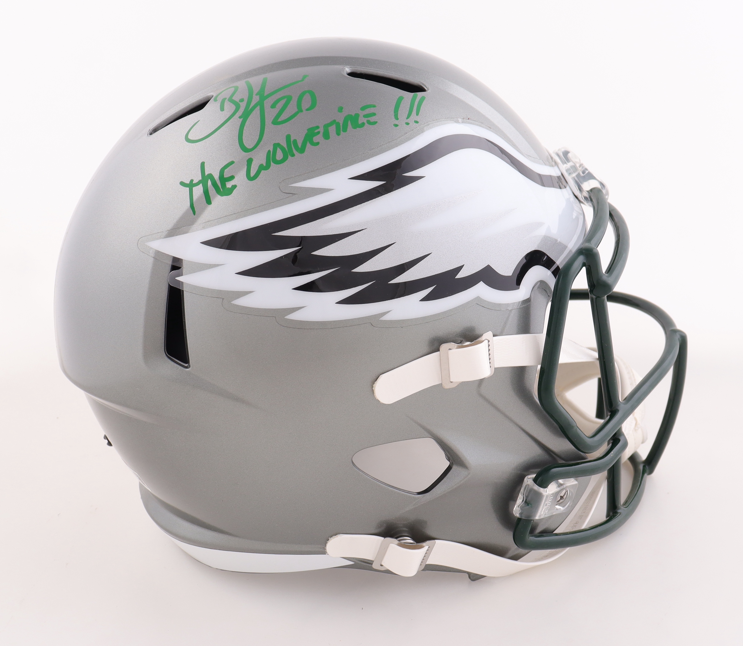 Brian Dawkins Signed Eagles Full-Size Flash Alternate Speed Helmet Inscribed "The Wolverine" (Beckett) at PristineAuction.com Brian Dawkins Signed Eagles Full-Size Flash Alternate Speed Helmet Inscribed "The Wolverine" (Beckett) at PristineAuction.com