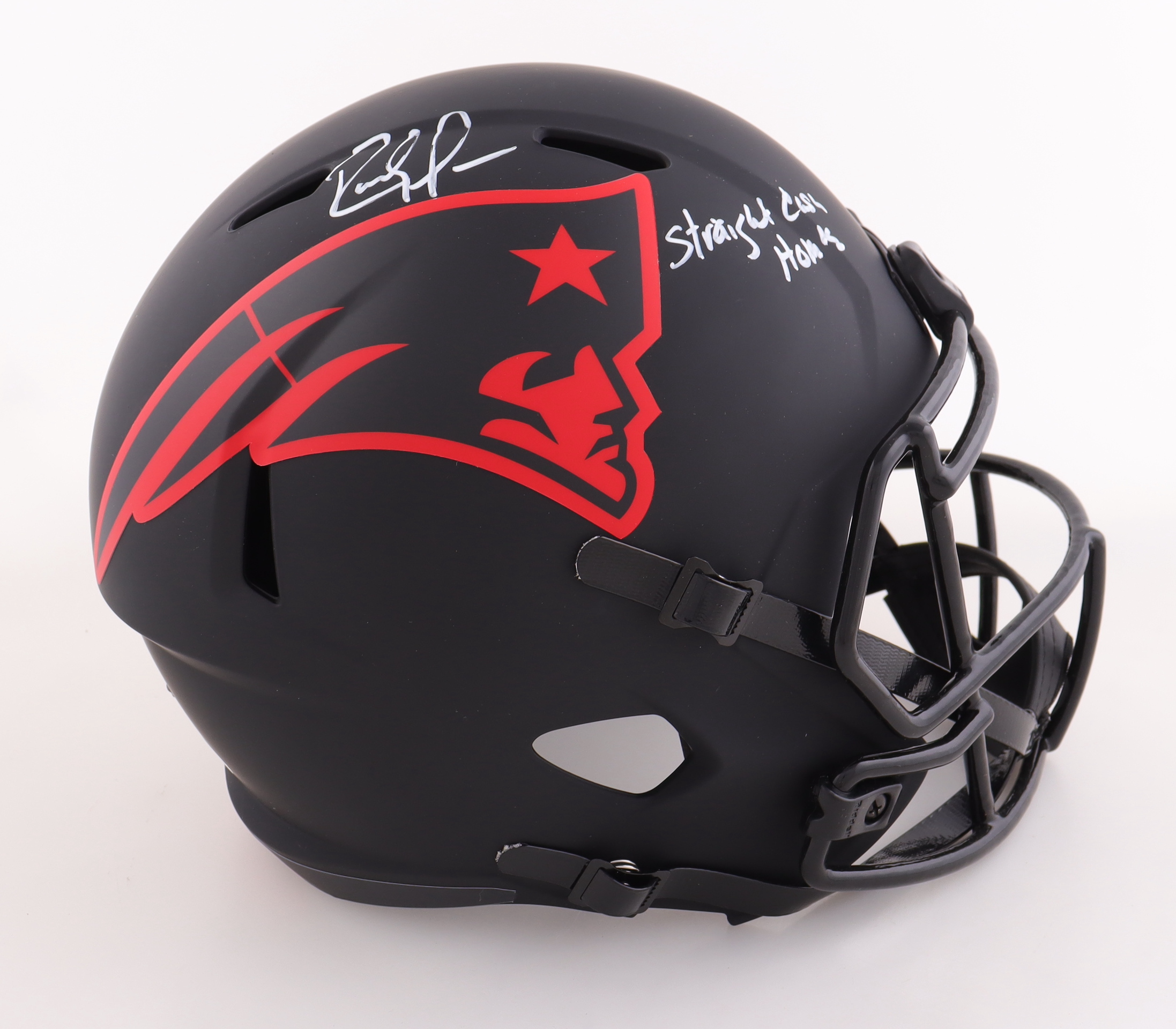 Randy Moss Signed Patriots Full Size Eclipse Alternate Speed Helmet Inscribed "Straight Cash Homie" (Beckett) at PristineAuction.com Randy Moss Signed Patriots Full Size Eclipse Alternate Speed Helmet Inscribed "Straight Cash Homie" (Beckett) at PristineAuction.com