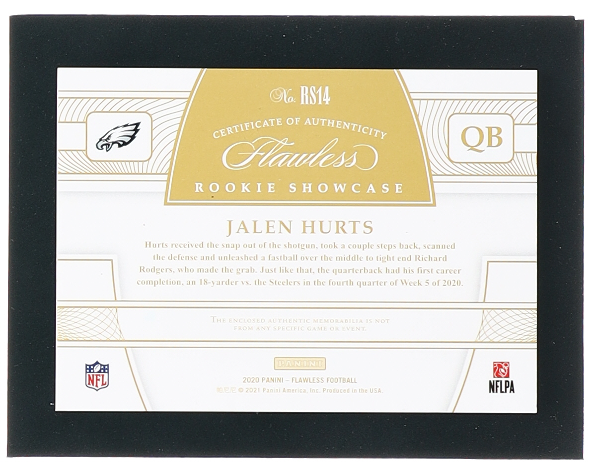 Jalen Hurts 2020 Panini Flawless Rookie Showcase Materials Ruby #14 #09/15 RC at PristineAuction.com Jalen Hurts 2020 Panini Flawless Rookie Showcase Materials Ruby #14 #09/15 RC at PristineAuction.com