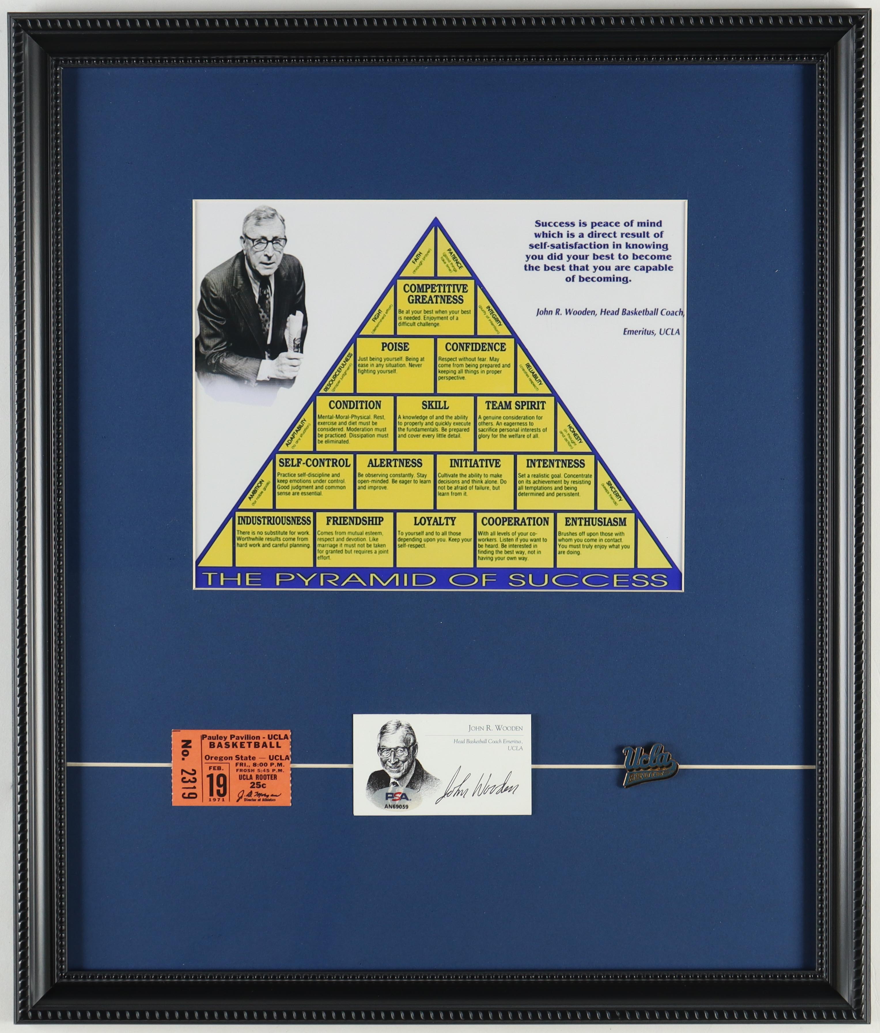 John Wooden Signed "The Pyramid Of Success" With UCLA Business Card, Vintage UCLA Bruins Metal Pin & Original 1971 UCLA Basketball Ticket (PSA) at PristineAuction.com John Wooden Signed "The Pyramid Of Success" With UCLA Business Card, Vintage UCLA Bruins Metal Pin & Original 1971 UCLA Basketball Ticket (PSA) at PristineAuction.com