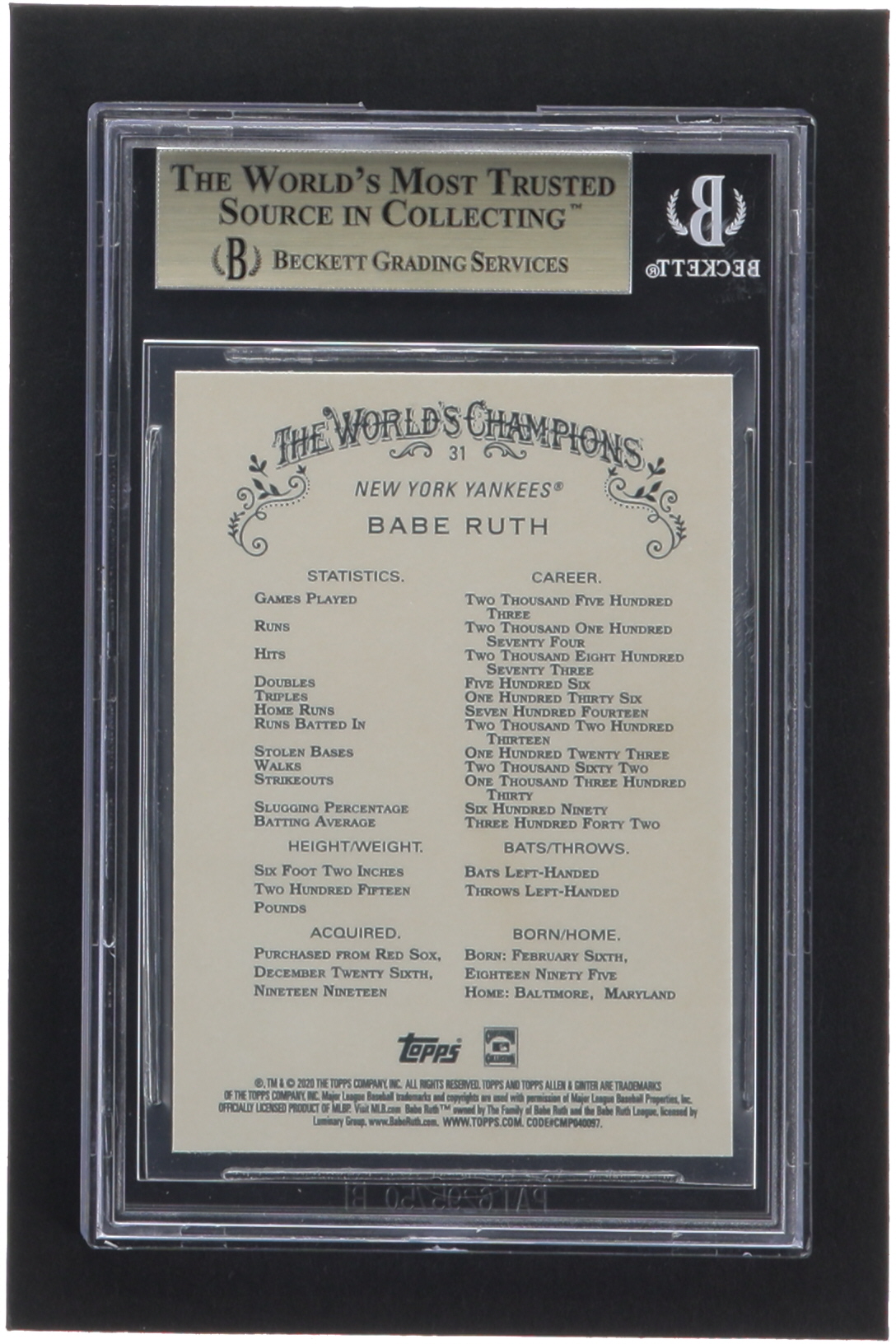 Babe Ruth 2020 Topps Allen and Ginter #31 (BGS 9.5) at PristineAuction.com Babe Ruth 2020 Topps Allen and Ginter #31 (BGS 9.5) at PristineAuction.com