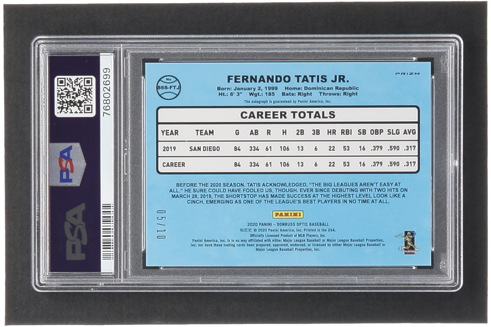 Fernando Tatis Jr. 2020 Donruss Optic Retro '86 Signatures Pandora Blue #18 #5/10 (PSA 9 | Autograph Graded PSA 10) at PristineAuction.com Fernando Tatis Jr. 2020 Donruss Optic Retro '86 Signatures Pandora Blue #18 #5/10 (PSA 9 | Autograph Graded PSA 10) at PristineAuction.com