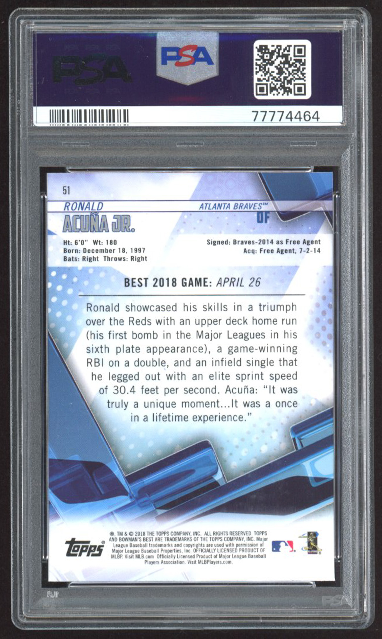 Ronald Acuna Jr. 2018 Bowman's Best #51 RC (PSA 10) at PristineAuction.com Ronald Acuna Jr. 2018 Bowman's Best #51 RC (PSA 10) at PristineAuction.com