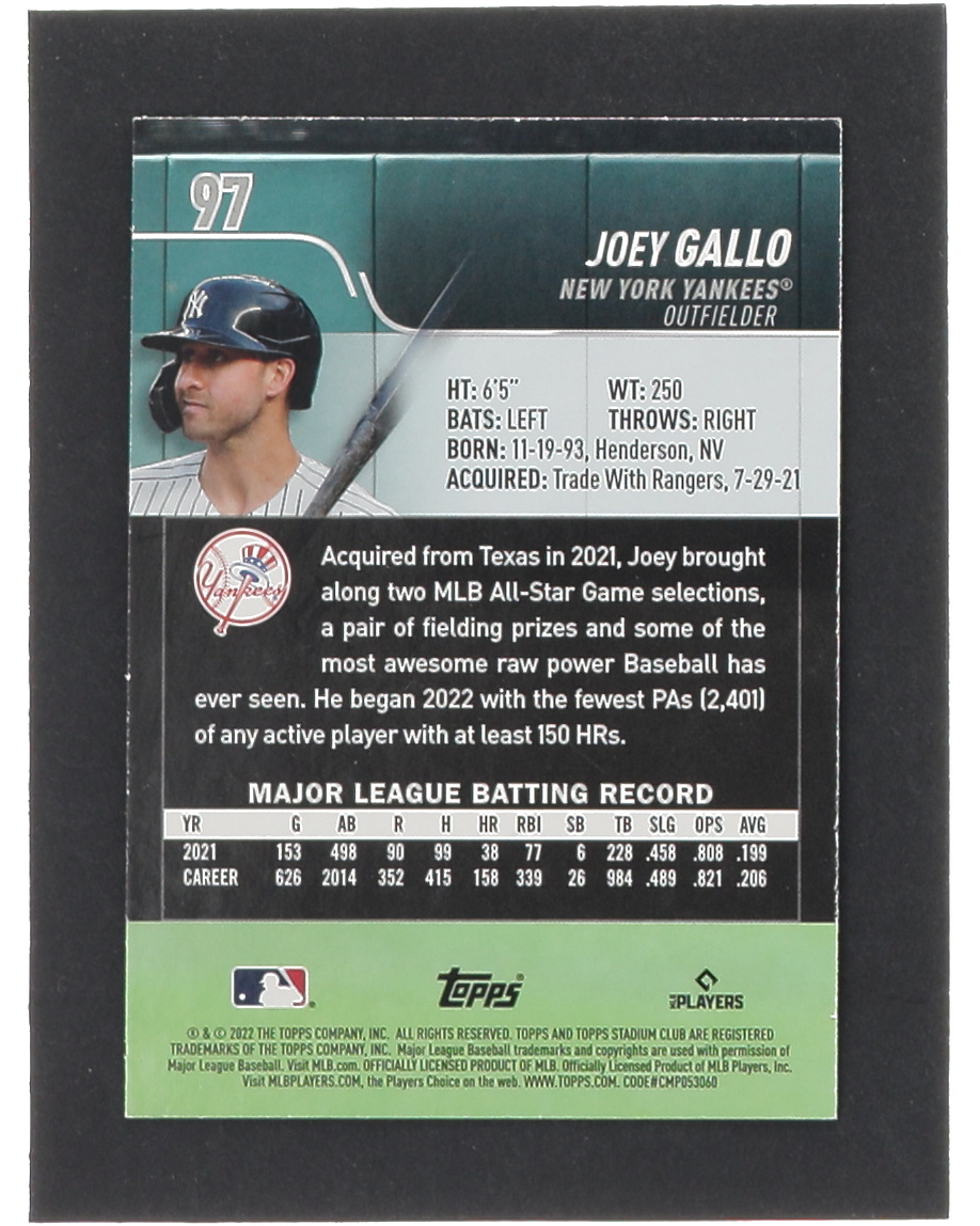 Joey Gallo 2022 Stadium Club #97 at PristineAuction.com Joey Gallo 2022 Stadium Club #97 at PristineAuction.com