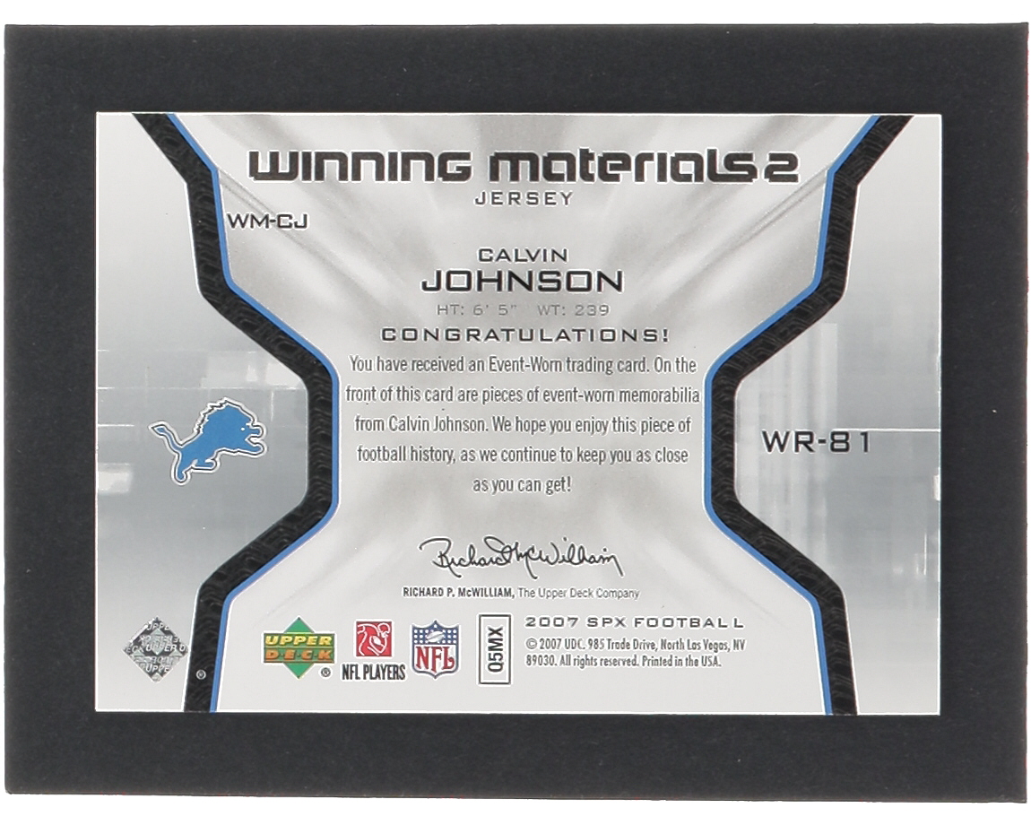 Calvin Johnson 2007 SPx Winning Materials Jersey Number Dual #WMCJ RC at PristineAuction.com Calvin Johnson 2007 SPx Winning Materials Jersey Number Dual #WMCJ RC at PristineAuction.com