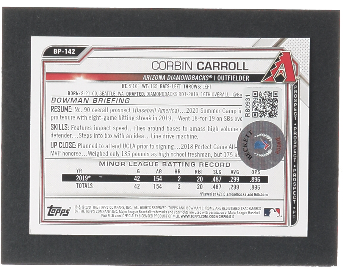 Corbin Carroll Signed 2021 Bowman Prospects #BP142 (Beckett) at PristineAuction.com Corbin Carroll Signed 2021 Bowman Prospects #BP142 (Beckett) at PristineAuction.com