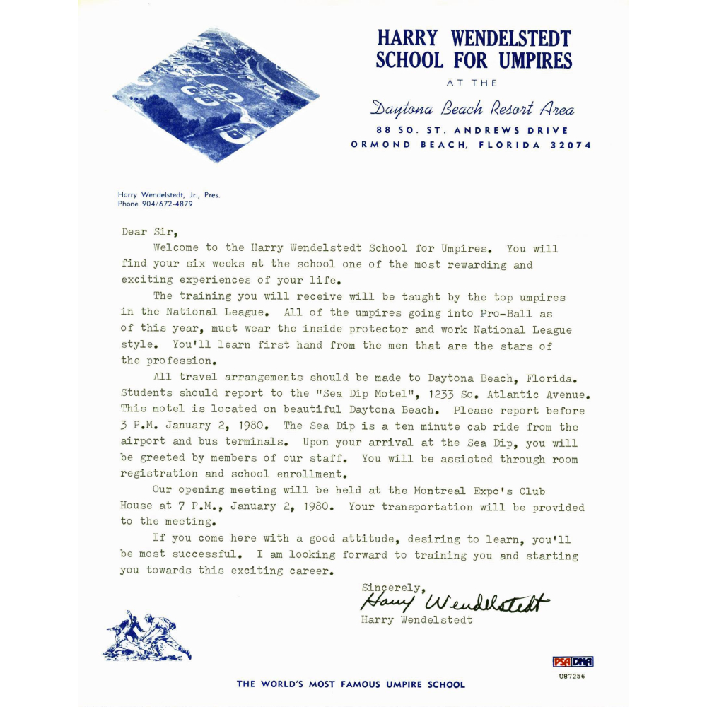 Harry Wendelstedt Signed 8.5x11 with "School For Umpires" Letterhead
