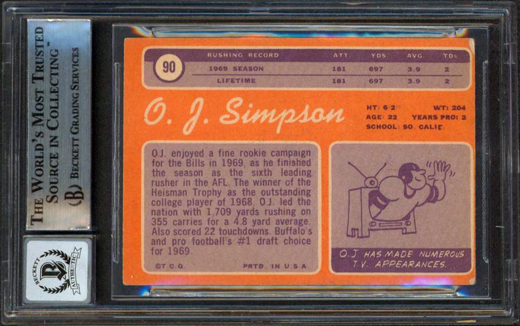 O.J. Simpson Signed 1970 Topps #90 RC Inscribed "HOF 85" (BGS | Autograph Graded 10) at PristineAuction.com O.J. Simpson Signed 1970 Topps #90 RC Inscribed "HOF 85" (BGS | Autograph Graded 10) at PristineAuction.com