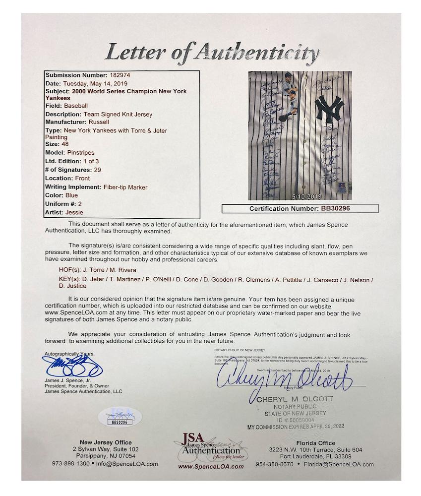 2000 World Champions LE Yankees Jersey Team-Signed By (29) with Derek Jeter, Mariano Rivera, David Cone, Joe Torre (JSA) at PristineAuction.com 2000 World Champions LE Yankees Jersey Team-Signed By (29) with Derek Jeter, Mariano Rivera, David Cone, Joe Torre (JSA) at PristineAuction.com