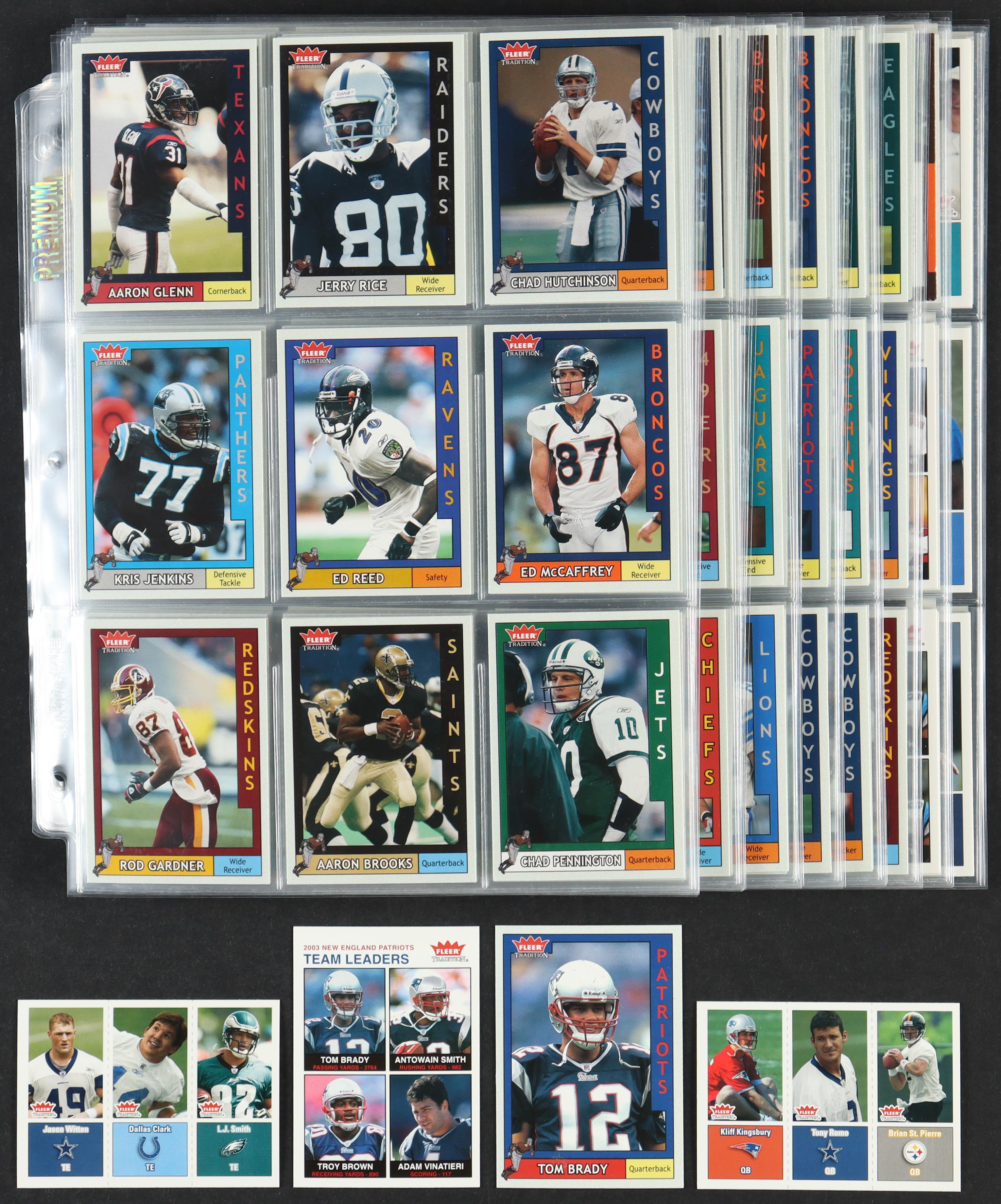 2003 Fleer Tradition Football Complete Set With Tom Brady #170, Patriots Team Leaders #257, St. Pierre-Romo-Kingsbury #299 & Smith-Clark-Witten #283 at PristineAuction.com 2003 Fleer Tradition Football Complete Set With Tom Brady #170, Patriots Team Leaders #257, St. Pierre-Romo-Kingsbury #299 & Smith-Clark-Witten #283 at PristineAuction.com