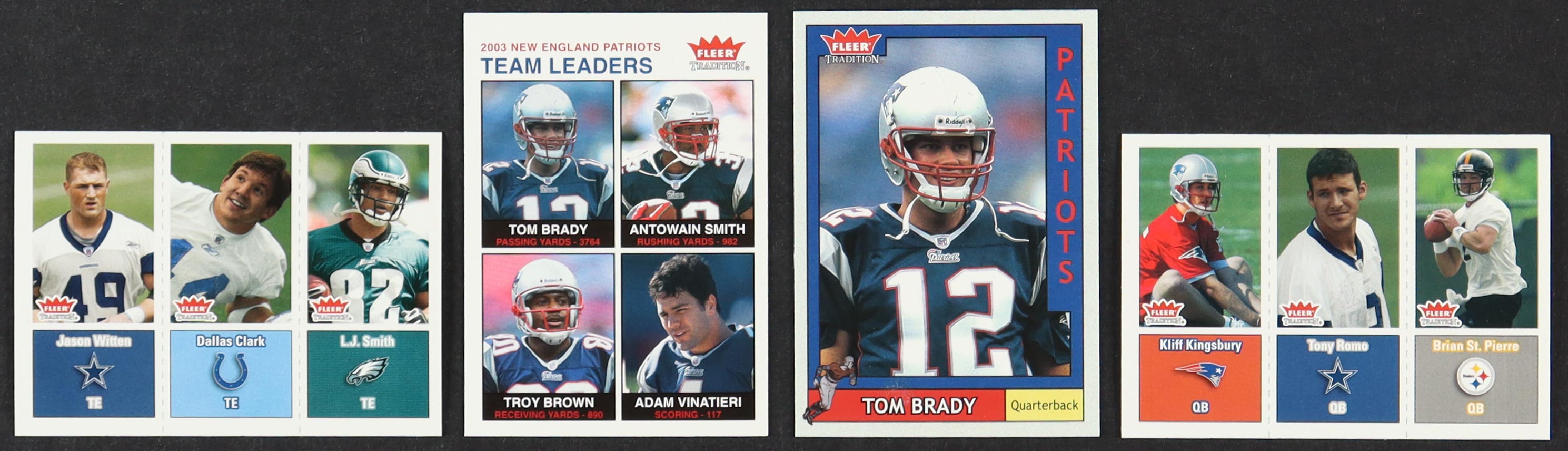 2003 Fleer Tradition Football Complete Set With Tom Brady #170, Patriots Team Leaders #257, St. Pierre-Romo-Kingsbury #299 & Smith-Clark-Witten #283 at PristineAuction.com 2003 Fleer Tradition Football Complete Set With Tom Brady #170, Patriots Team Leaders #257, St. Pierre-Romo-Kingsbury #299 & Smith-Clark-Witten #283 at PristineAuction.com