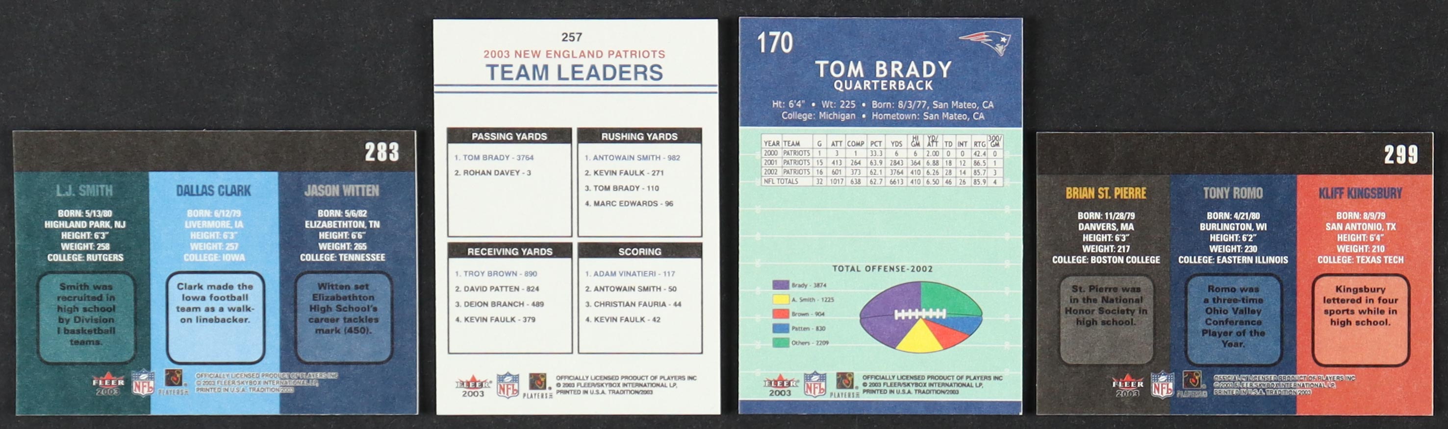2003 Fleer Tradition Football Complete Set With Tom Brady #170, Patriots Team Leaders #257, St. Pierre-Romo-Kingsbury #299 & Smith-Clark-Witten #283 at PristineAuction.com 2003 Fleer Tradition Football Complete Set With Tom Brady #170, Patriots Team Leaders #257, St. Pierre-Romo-Kingsbury #299 & Smith-Clark-Witten #283 at PristineAuction.com