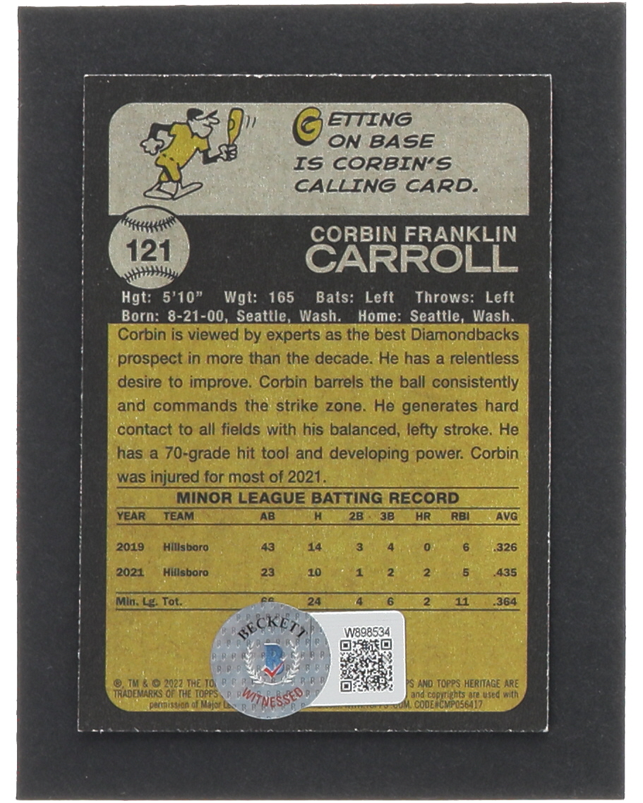 Corbin Carroll Signed 2022 Topps Heritage Minors #121 (Beckett) at PristineAuction.com Corbin Carroll Signed 2022 Topps Heritage Minors #121 (Beckett) at PristineAuction.com
