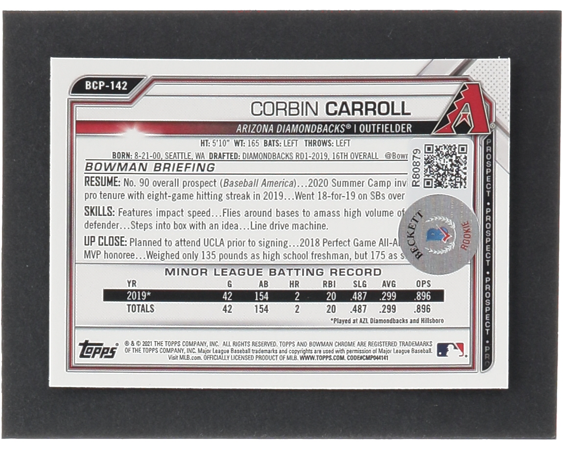 Corbin Carroll Signed 2021 Bowman Chrome Prospects #BCP142 (Beckett) at PristineAuction.com Corbin Carroll Signed 2021 Bowman Chrome Prospects #BCP142 (Beckett) at PristineAuction.com