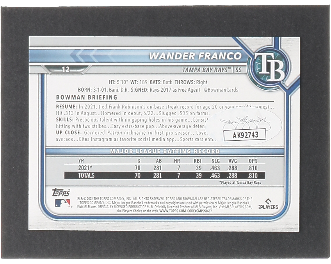Wander Franco Signed 2022 Bowman #12 RC (JSA) at PristineAuction.com Wander Franco Signed 2022 Bowman #12 RC (JSA) at PristineAuction.com