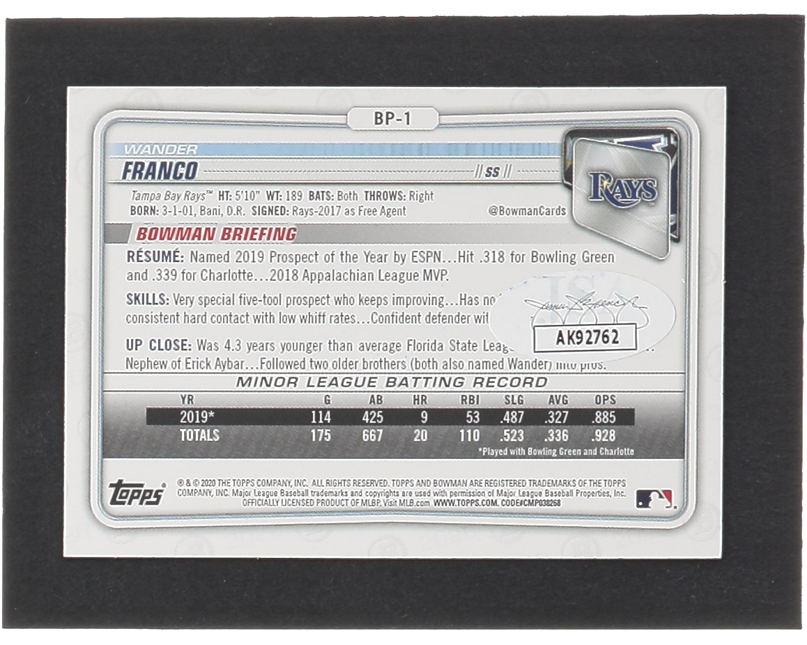 Wander Franco Signed 2020 Bowman Prospects #BP1 RC (JSA) at PristineAuction.com Wander Franco Signed 2020 Bowman Prospects #BP1 RC (JSA) at PristineAuction.com