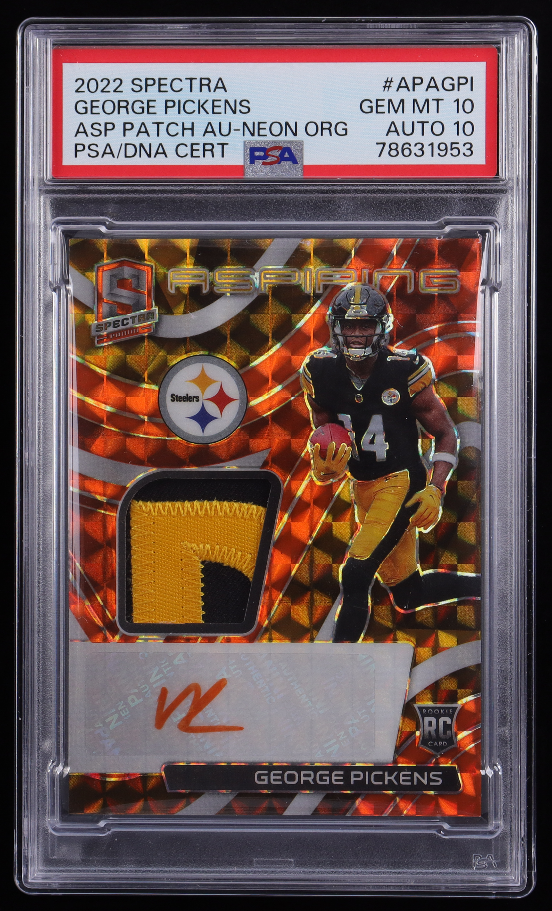 George Pickens 2022 Panini Spectra Aspiring Patch Autographs Neon Orange #15 #15/15 RC (PSA 10 | Autograph Graded 10) at PristineAuction.com George Pickens 2022 Panini Spectra Aspiring Patch Autographs Neon Orange #15 #15/15 RC (PSA 10 | Autograph Graded 10) at PristineAuction.com