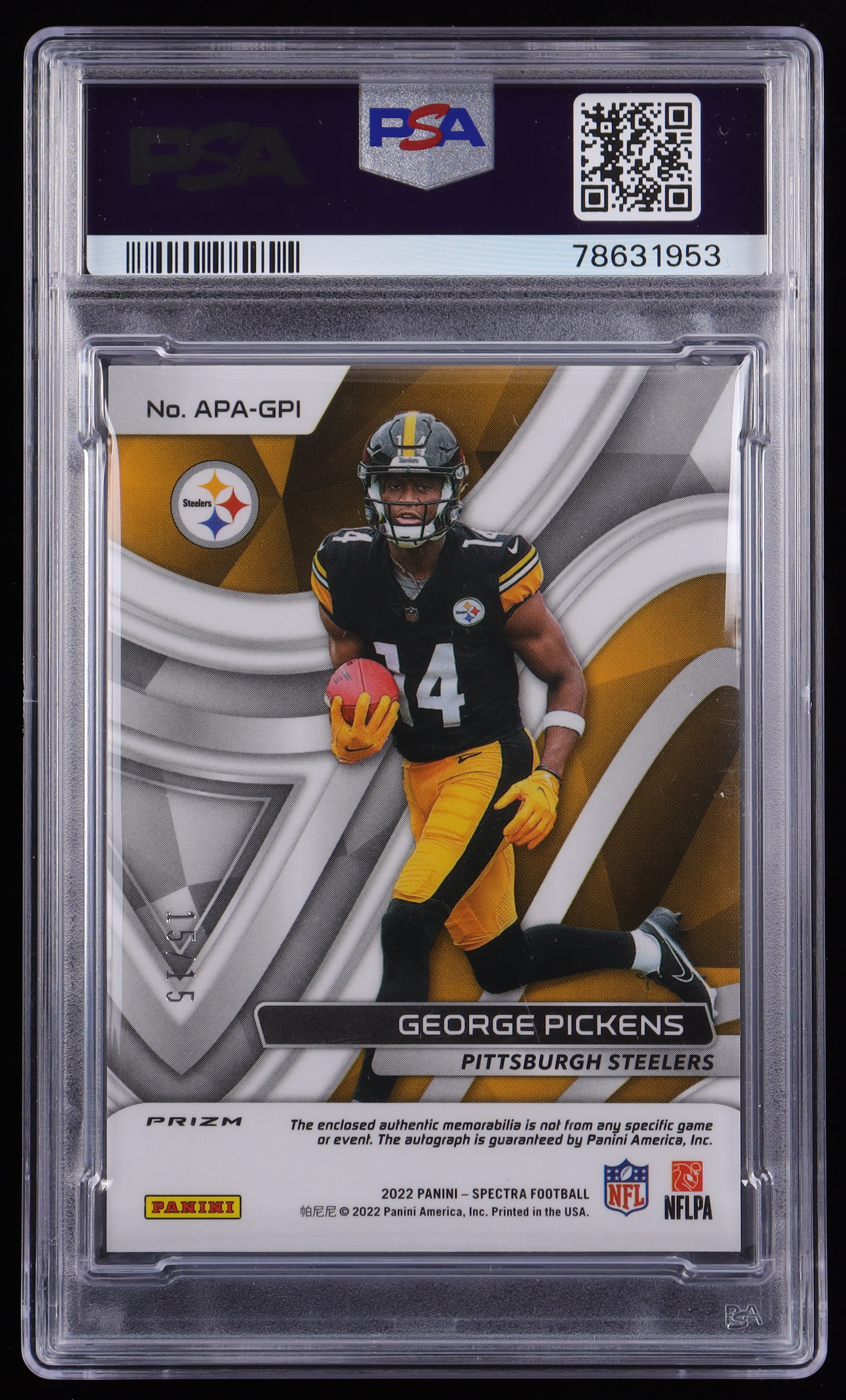 George Pickens 2022 Panini Spectra Aspiring Patch Autographs Neon Orange #15 #15/15 RC (PSA 10 | Autograph Graded 10) at PristineAuction.com George Pickens 2022 Panini Spectra Aspiring Patch Autographs Neon Orange #15 #15/15 RC (PSA 10 | Autograph Graded 10) at PristineAuction.com