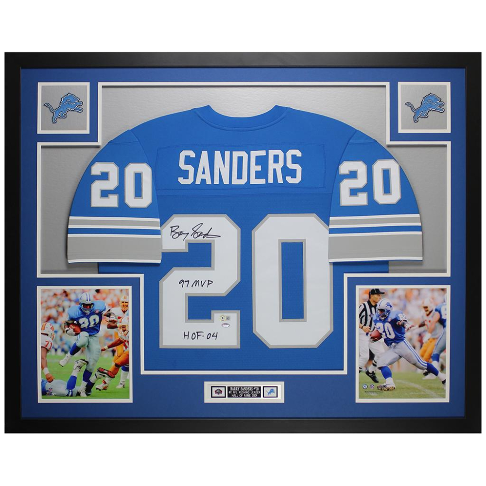 Barry Sanders Signed Custom Framed Jersey Display Inscribed "97 MVP