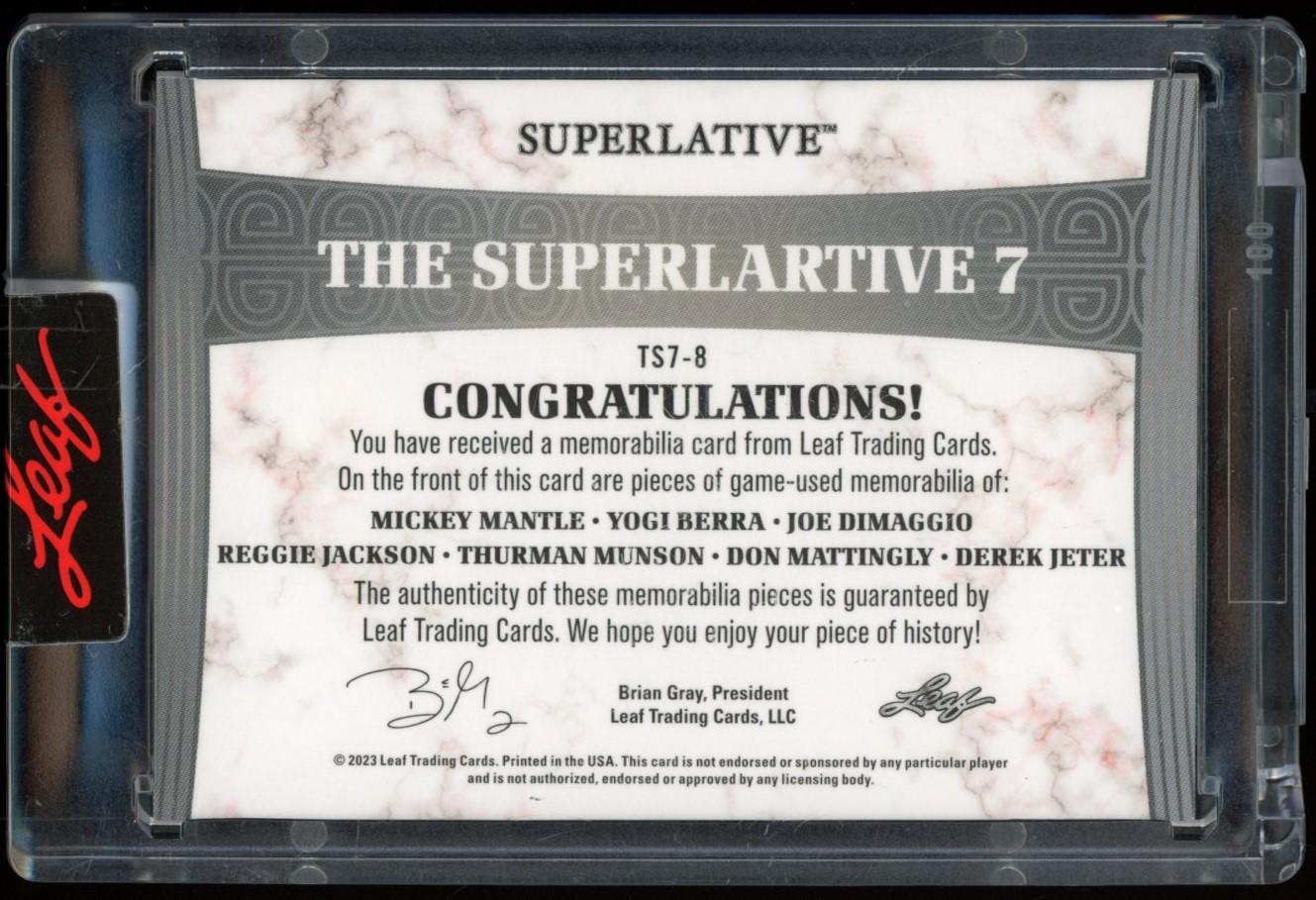 Mickey Mantle / Joe DiMaggio / Derek Jeter / Reggie Jackson / Yogi Berra / Don Mattingly / Thurman Munson 2023 Leaf The Superlative 7 Red Pattern #TS78 #16/25 at PristineAuction.com Mickey Mantle / Joe DiMaggio / Derek Jeter / Reggie Jackson / Yogi Berra / Don Mattingly / Thurman Munson 2023 Leaf The Superlative 7 Red Pattern #TS78 #16/25 at PristineAuction.com