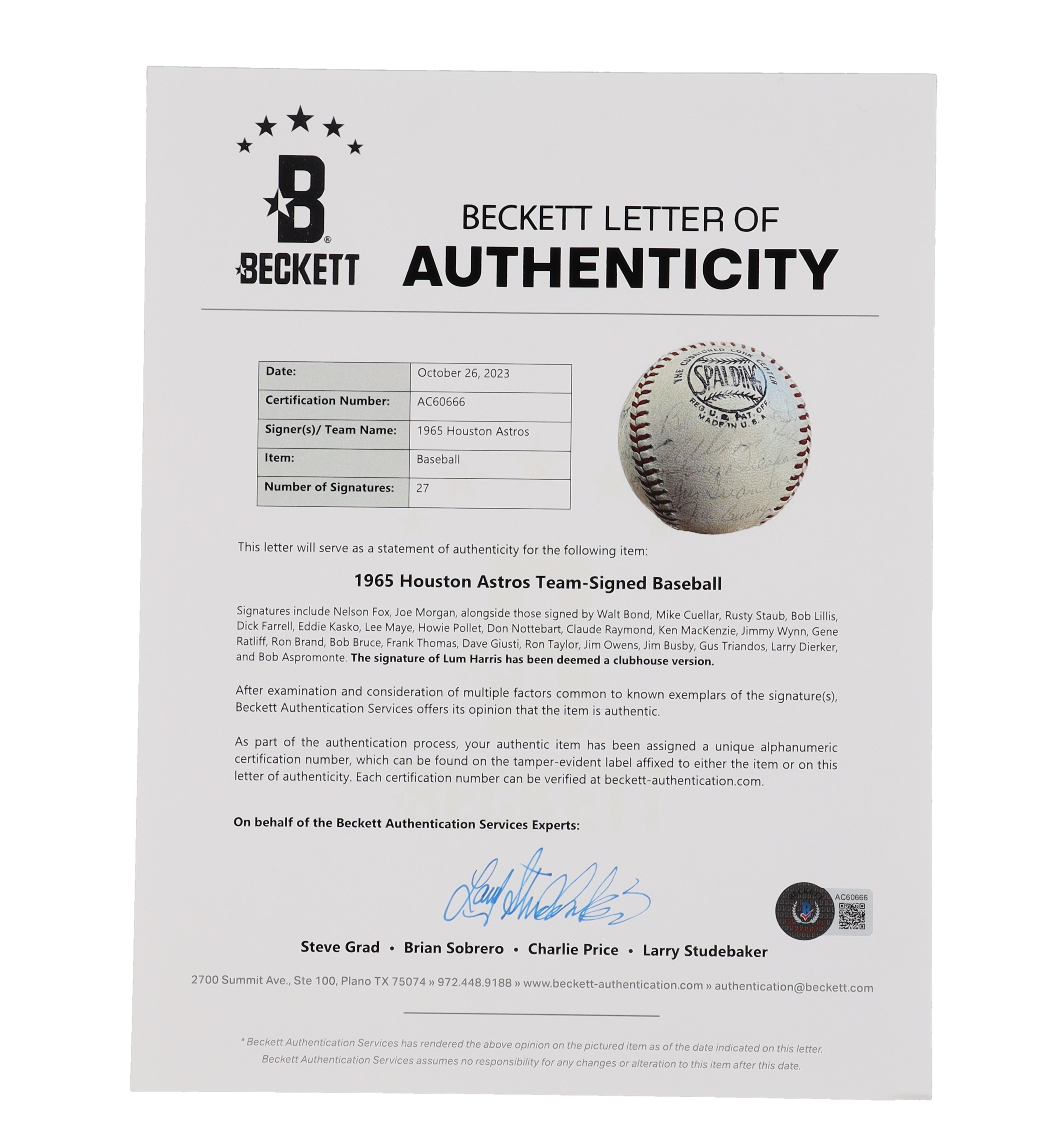 1965 Astros ONL Baseball Team-Signed by (27) with Nelson Fox, Joe Morgan, Walt Bond, Mike Cuellar, Rusty Staub (Beckett) at PristineAuction.com 1965 Astros ONL Baseball Team-Signed by (27) with Nelson Fox, Joe Morgan, Walt Bond, Mike Cuellar, Rusty Staub (Beckett) at PristineAuction.com