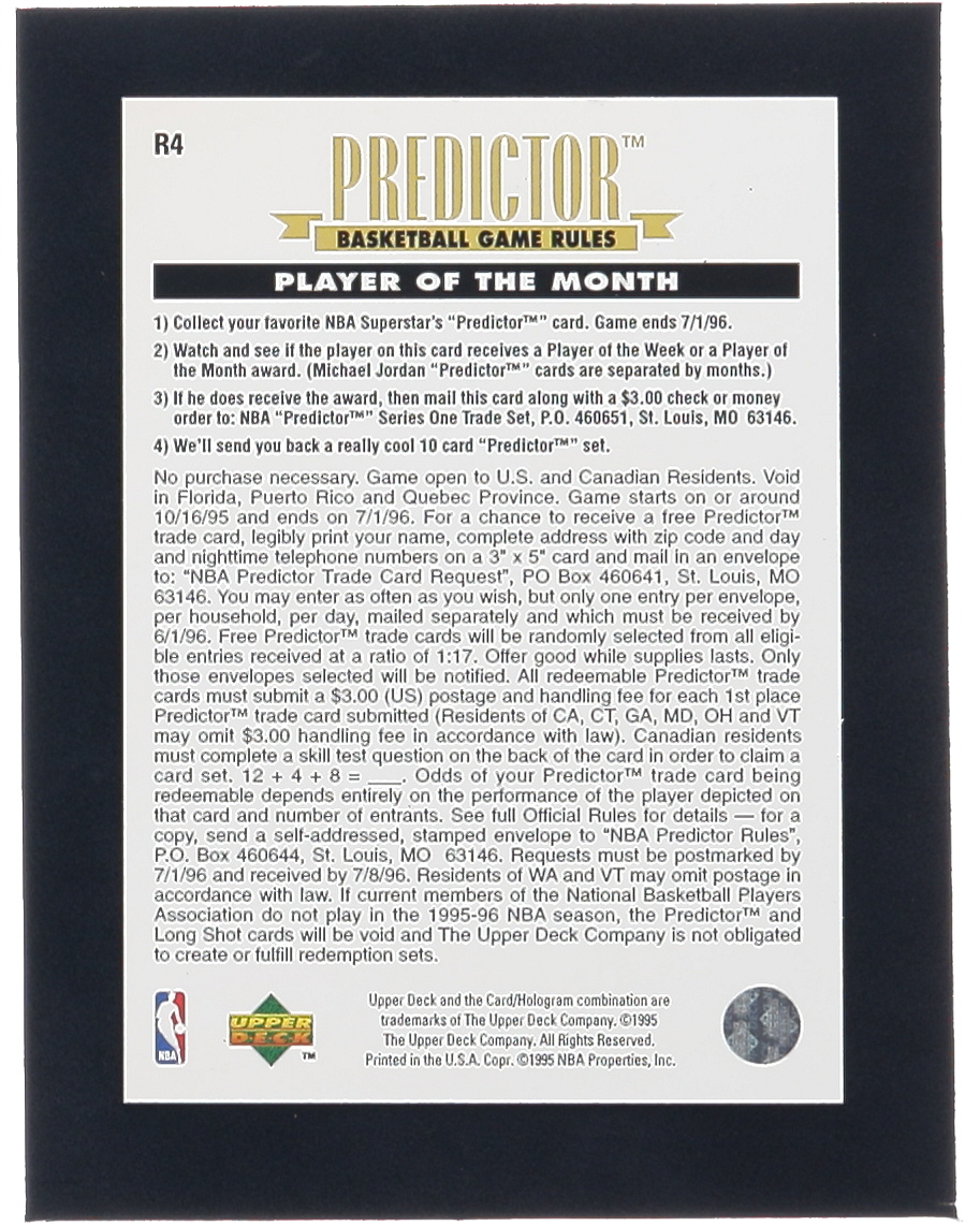 Michael Jordan 1995-96 Upper Deck Predictor Player of the Month Redemption #R4 / March at PristineAuction.com Michael Jordan 1995-96 Upper Deck Predictor Player of the Month Redemption #R4 / March at PristineAuction.com