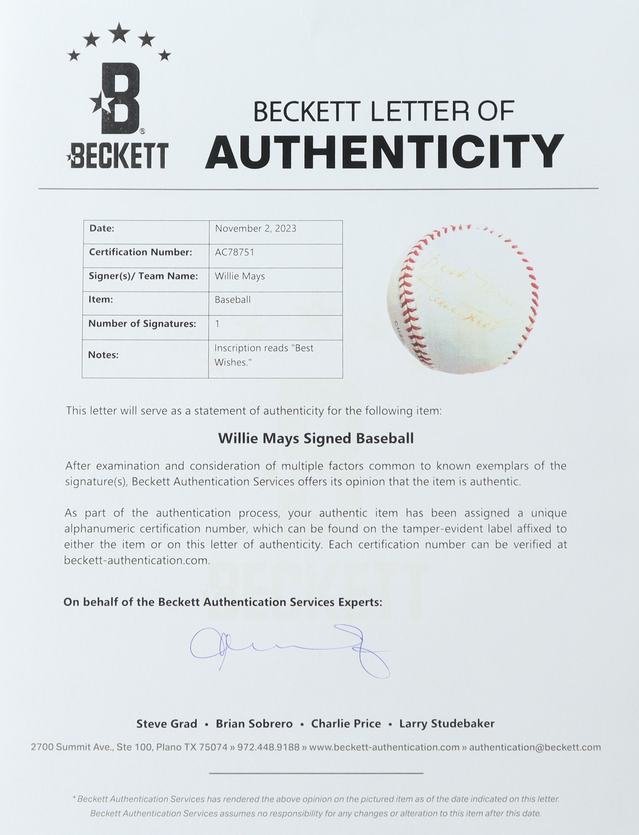 Willie Mays Signed ONL Baseball Inscribed "Best Wishes" (Beckett) at PristineAuction.com Willie Mays Signed ONL Baseball Inscribed "Best Wishes" (Beckett) at PristineAuction.com