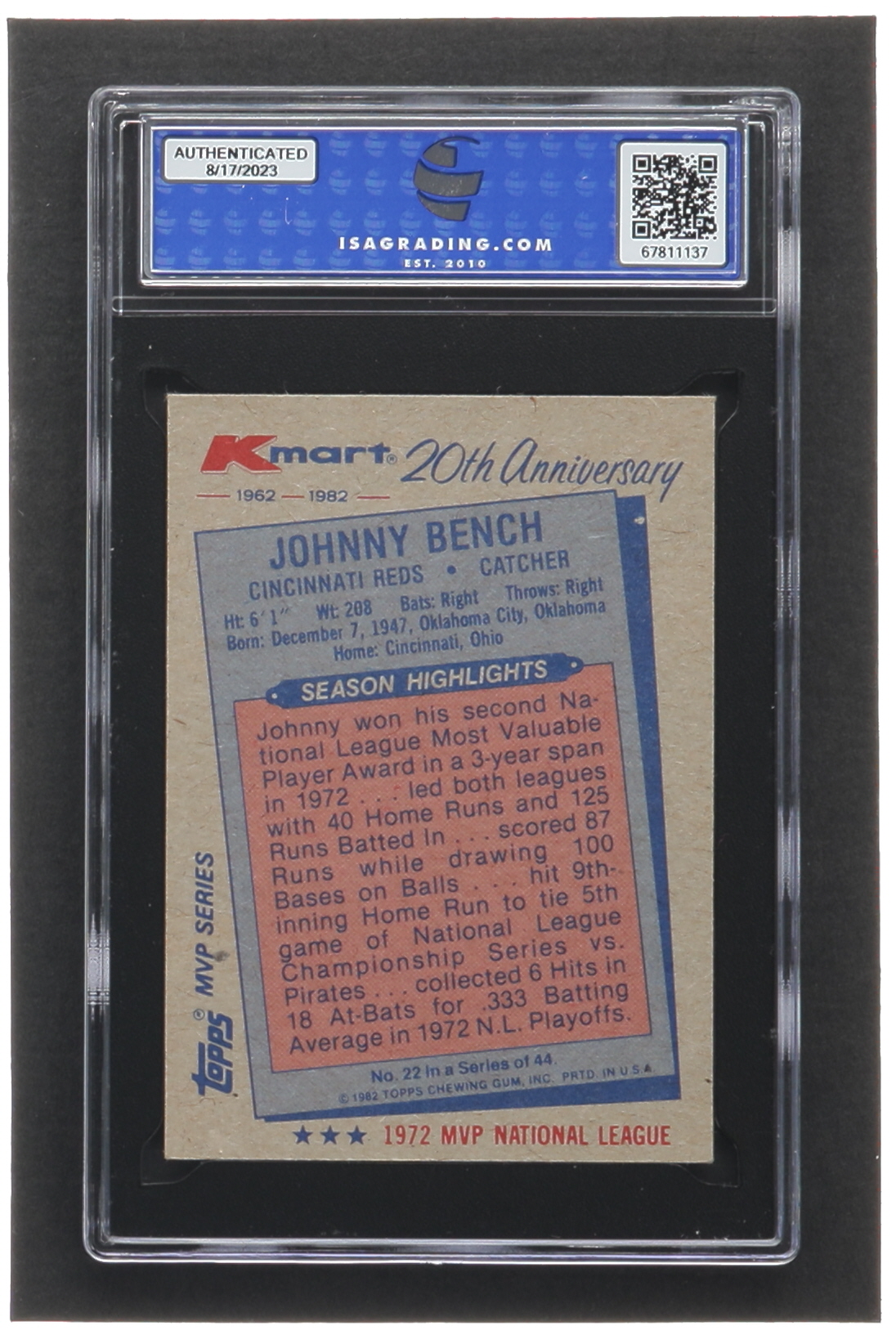 Johnny Bench 1982 K-Mart #22 / 72NL (ISA 7) at PristineAuction.com Johnny Bench 1982 K-Mart #22 / 72NL (ISA 7) at PristineAuction.com