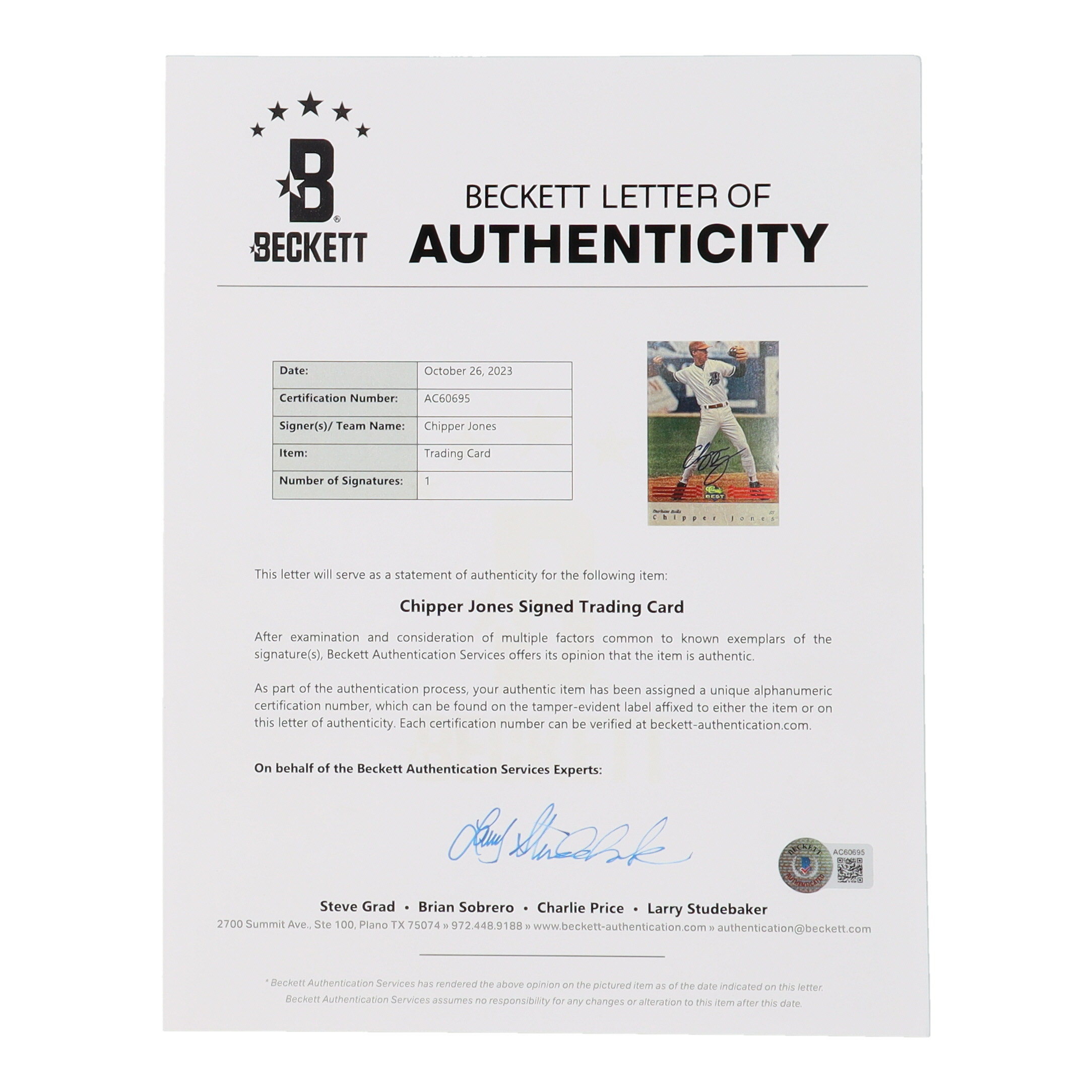 Chipper Jones Signed 1992 Classic / Best Red Bonus #BC7 (Beckett) at PristineAuction.com Chipper Jones Signed 1992 Classic / Best Red Bonus #BC7 (Beckett) at PristineAuction.com