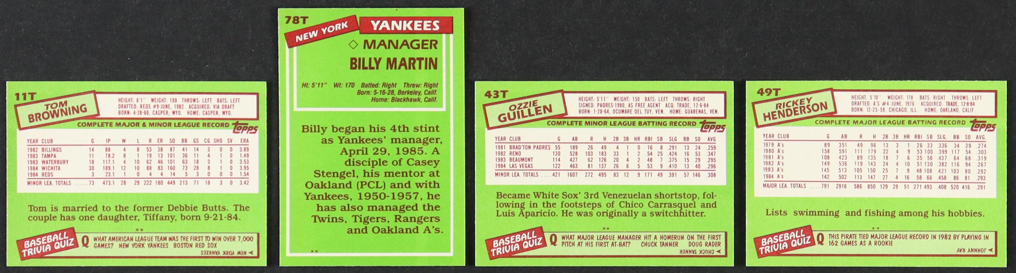 1985 Topps Traded Baseball Complete Set of (132) Cards with Tom Browning #11T RC, Billy Martin #78T, Ozzie Guillen #43T RC, Rickey Henderson #49T at PristineAuction.com 1985 Topps Traded Baseball Complete Set of (132) Cards with Tom Browning #11T RC, Billy Martin #78T, Ozzie Guillen #43T RC, Rickey Henderson #49T at PristineAuction.com