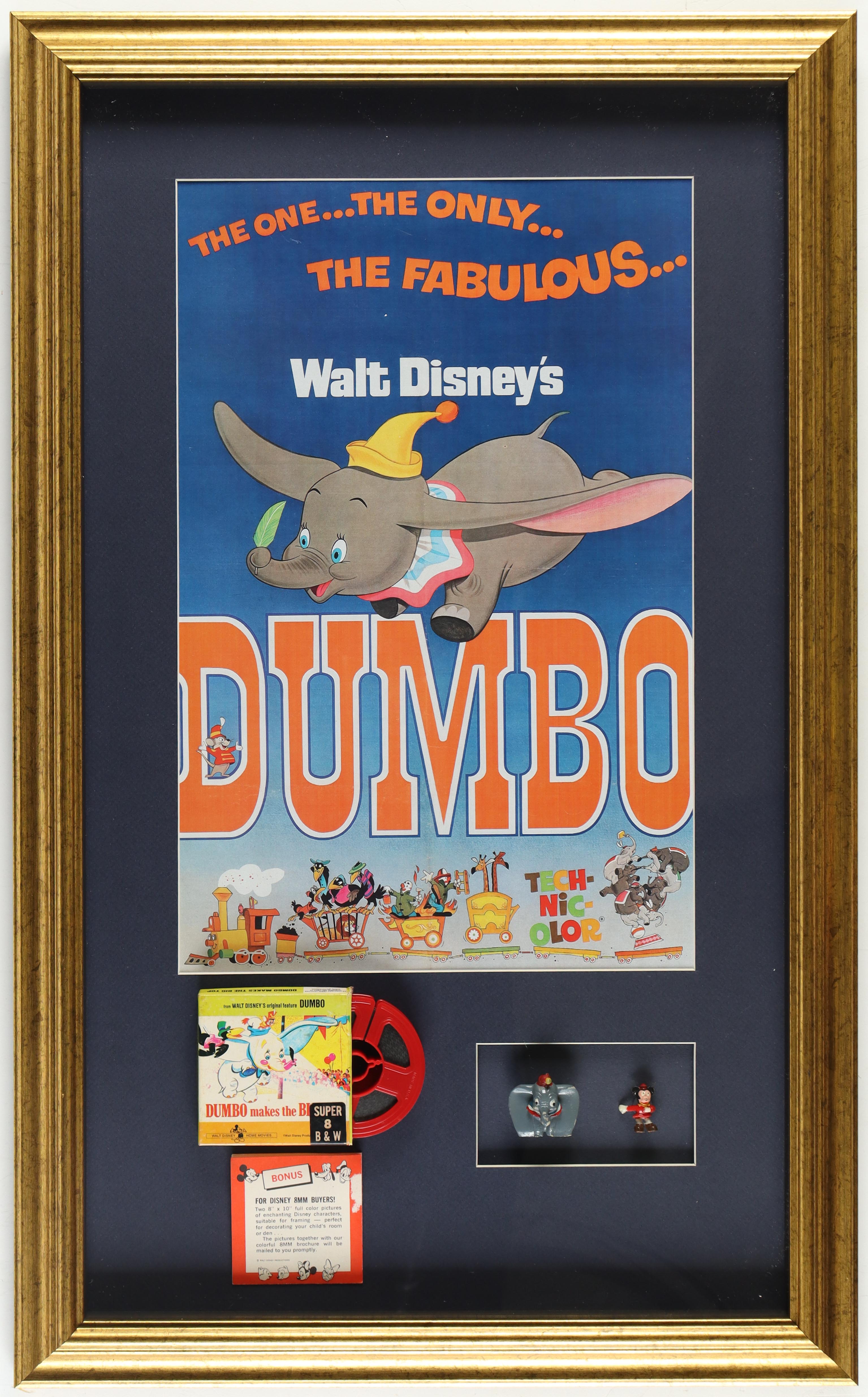 Walt Disney's "Dumbo" Custom Framed Print Display with Vintage 8mm Disney Film Reel & Vintage Disney Figures at PristineAuction.com Walt Disney's "Dumbo" Custom Framed Print Display with Vintage 8mm Disney Film Reel & Vintage Disney Figures at PristineAuction.com