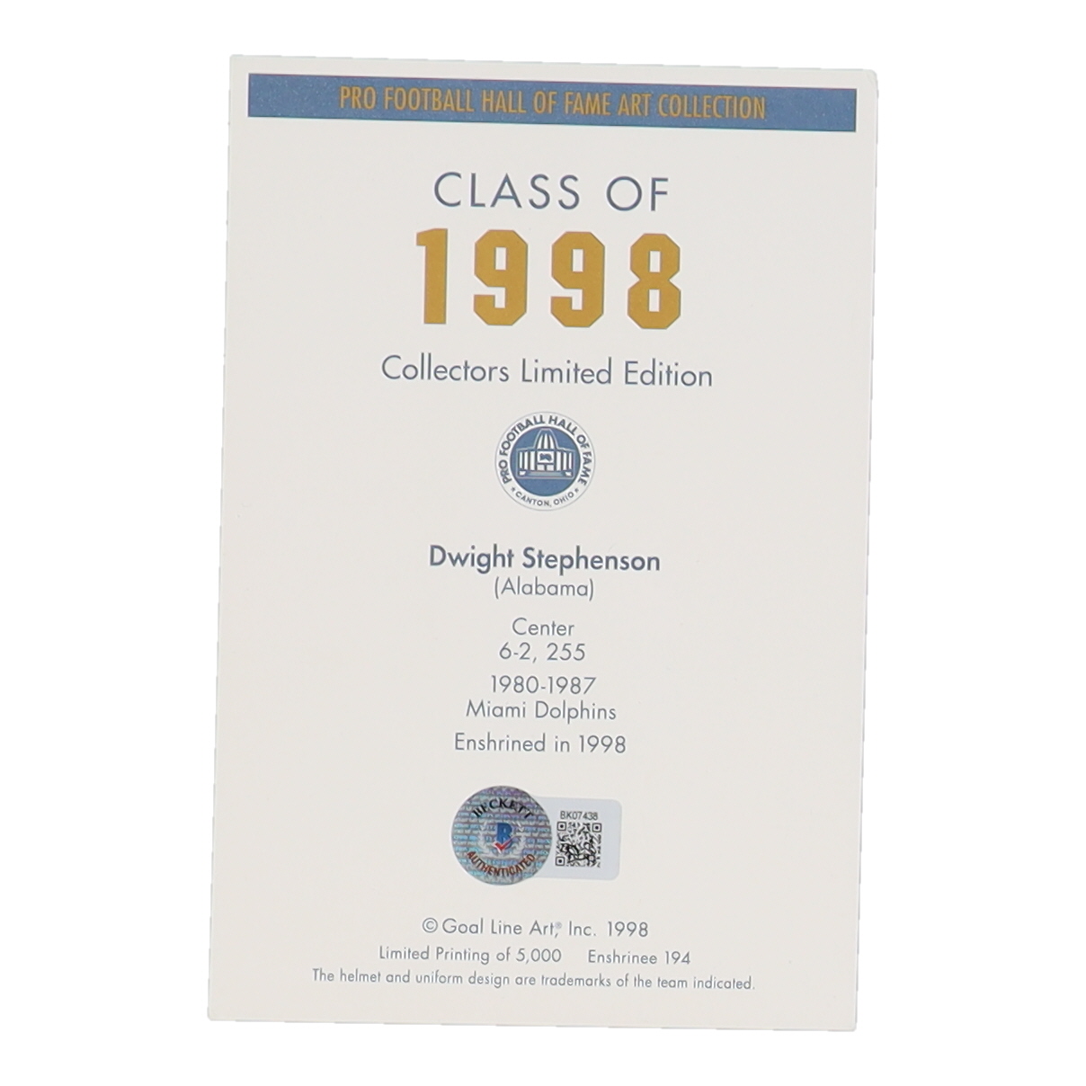 Dwight Stephenson Signed 1998 Goal Line HOF #194 Inscribed "HOF 98" (Beckett) at PristineAuction.com Dwight Stephenson Signed 1998 Goal Line HOF #194 Inscribed "HOF 98" (Beckett) at PristineAuction.com