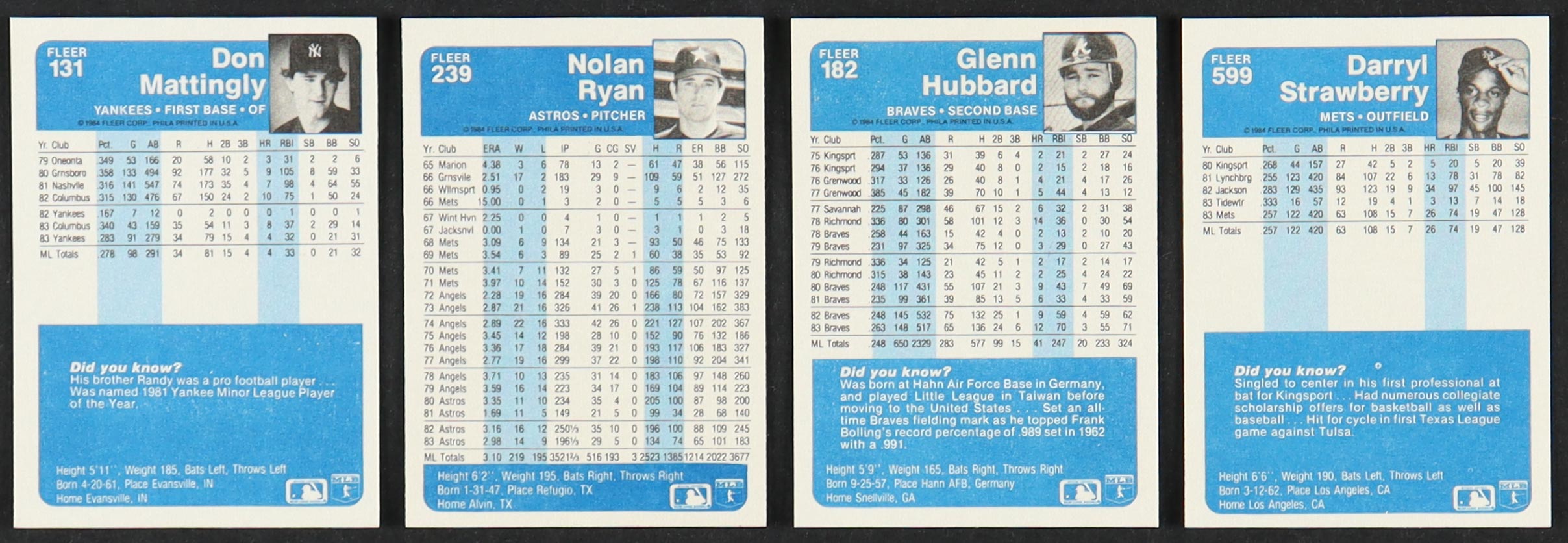 1984 Fleer Baseball Complete Set of (660) Cards with Don Mattingly #131 RC, Darryl Strawberry #599 RC, Glenn Hubbard #182, Nolan Ryan #239 at PristineAuction.com 1984 Fleer Baseball Complete Set of (660) Cards with Don Mattingly #131 RC, Darryl Strawberry #599 RC, Glenn Hubbard #182, Nolan Ryan #239 at PristineAuction.com