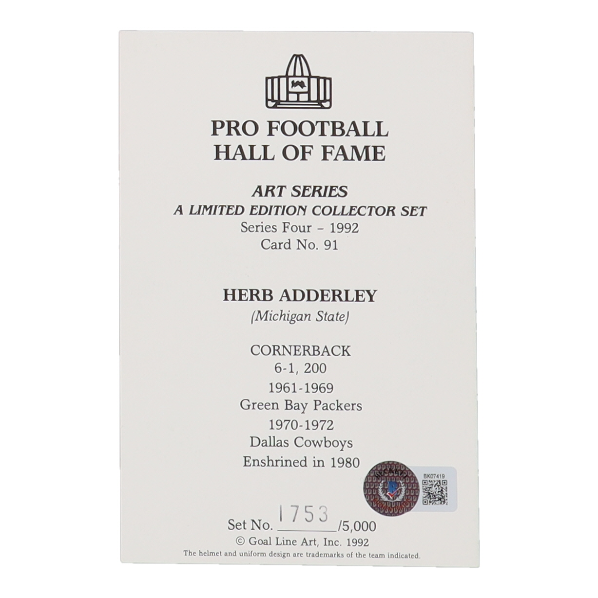 Herb Adderley Signed 1989-97 Goal Line HOF #91 Inscribed "HOF 80" (Beckett) at PristineAuction.com Herb Adderley Signed 1989-97 Goal Line HOF #91 Inscribed "HOF 80" (Beckett) at PristineAuction.com