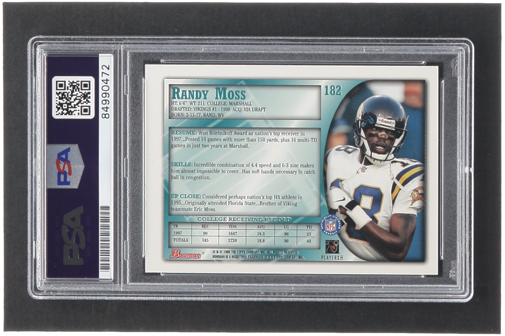 Randy Moss Signed 1998 Bowman #182 RC (PSA | Autograph Graded PSA 10) at PristineAuction.com Randy Moss Signed 1998 Bowman #182 RC (PSA | Autograph Graded PSA 10) at PristineAuction.com