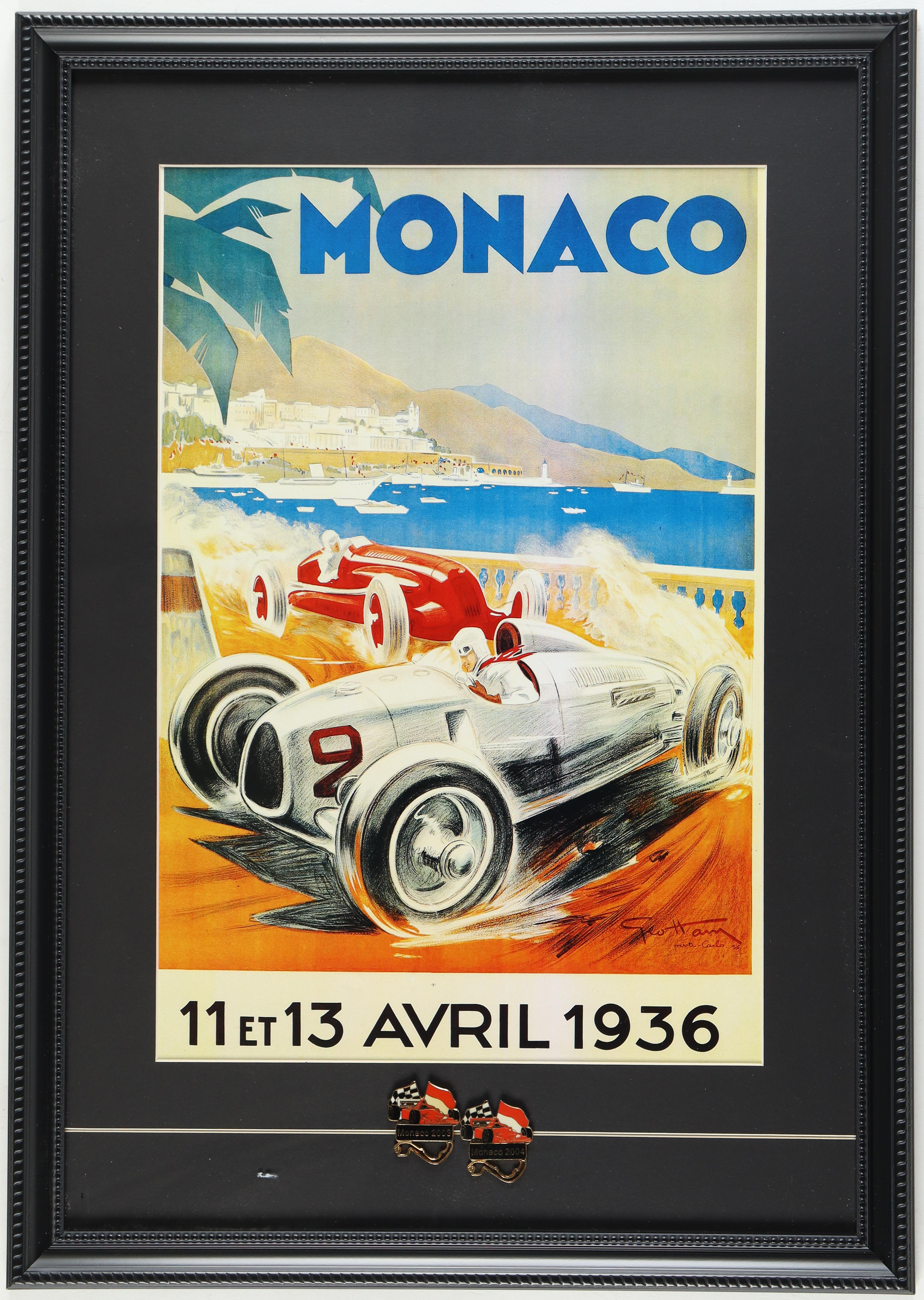 Monaco Grand Prix 17x24 Custom Poster Display With (2) Matching Vintage Monaco Grad Prix Pins at PristineAuction.com Monaco Grand Prix 17x24 Custom Poster Display With (2) Matching Vintage Monaco Grad Prix Pins at PristineAuction.com