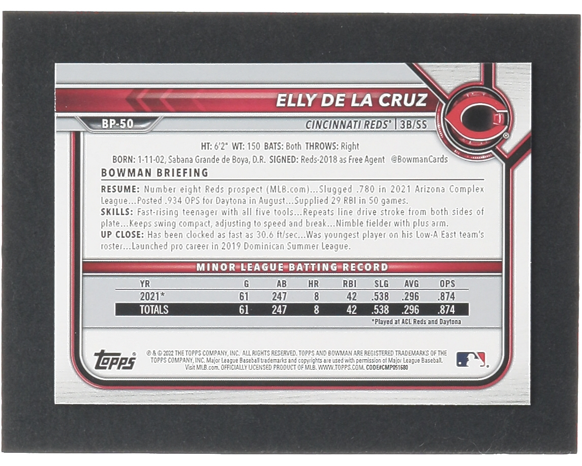 Elly De La Cruz 2022 Bowman Prospects #BP50 at PristineAuction.com Elly De La Cruz 2022 Bowman Prospects #BP50 at PristineAuction.com