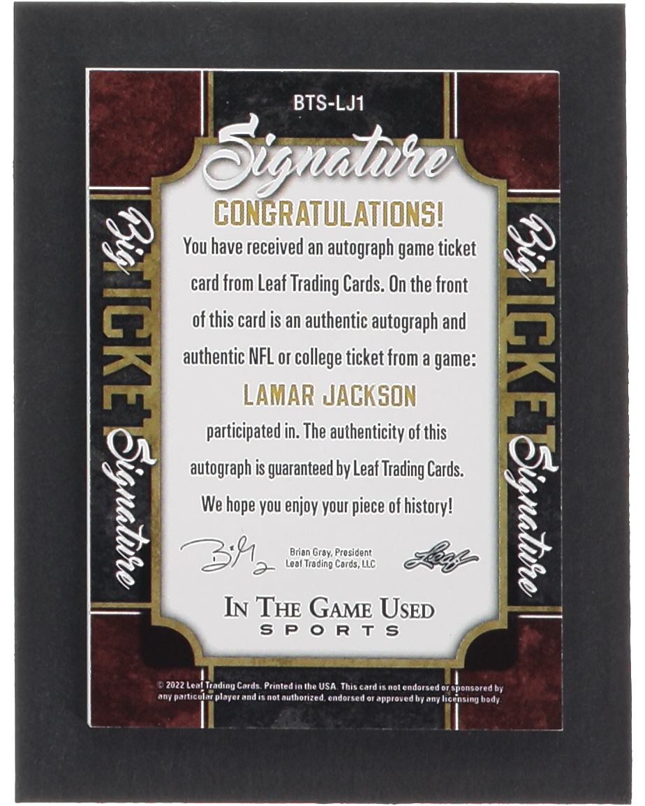 Lamar Jackson 2022 ITG Used Sports Big Ticket Signatures #BTSLJ1 at PristineAuction.com Lamar Jackson 2022 ITG Used Sports Big Ticket Signatures #BTSLJ1 at PristineAuction.com