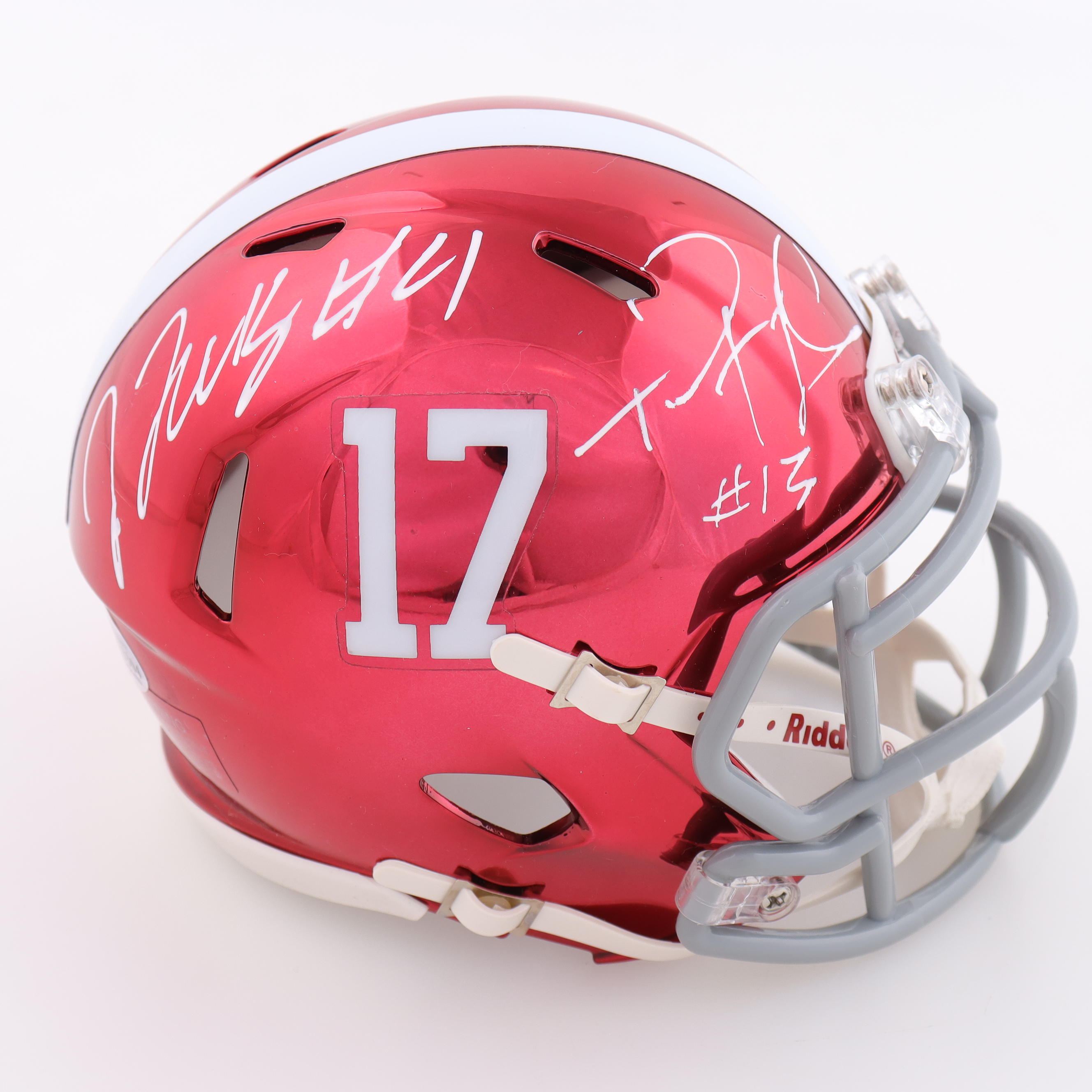 Tua Tagovailoa & Jerry Jeudy Signed Alabama Crimson Tide Mini Chrome Speed Helmet (Beckett) at PristineAuction.com Tua Tagovailoa & Jerry Jeudy Signed Alabama Crimson Tide Mini Chrome Speed Helmet (Beckett) at PristineAuction.com