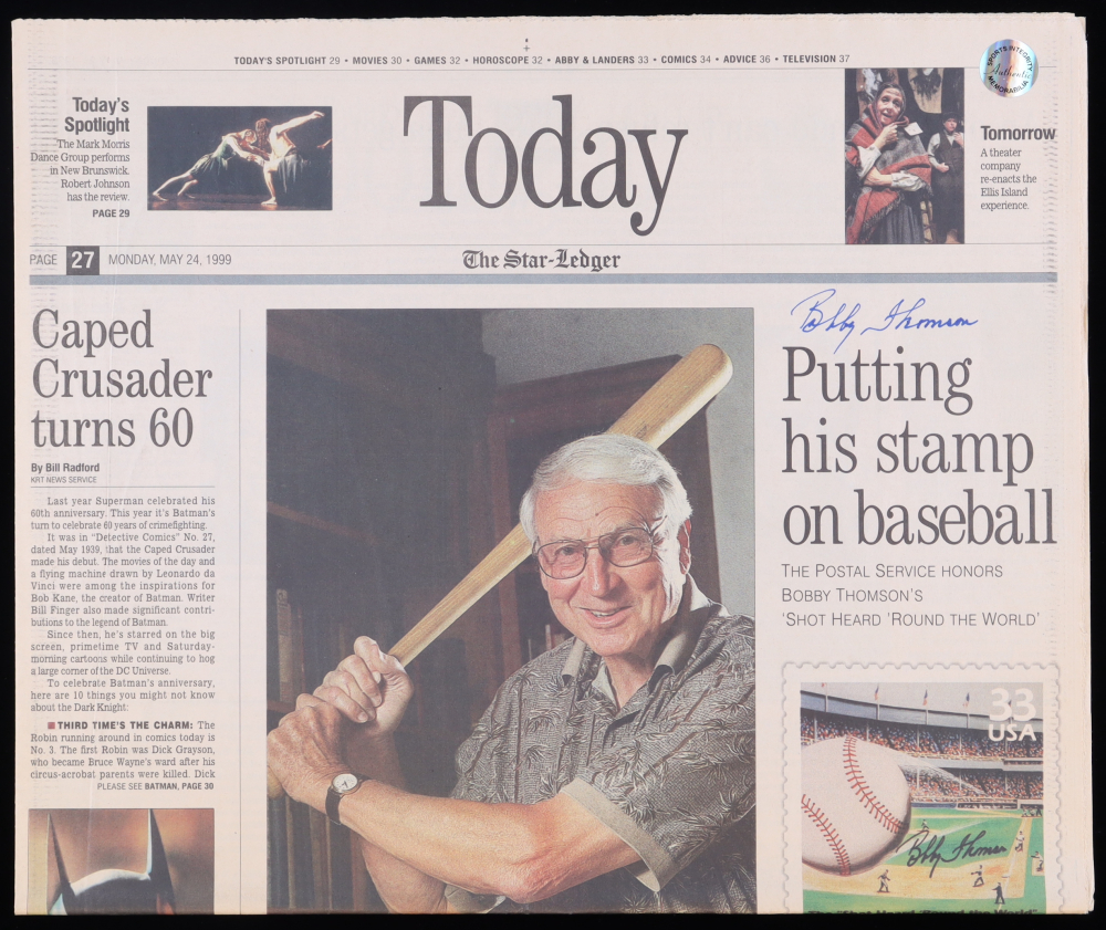 Bobby Thomson Signed 1999 The Star Ledger Newspaper (Sports Integrity